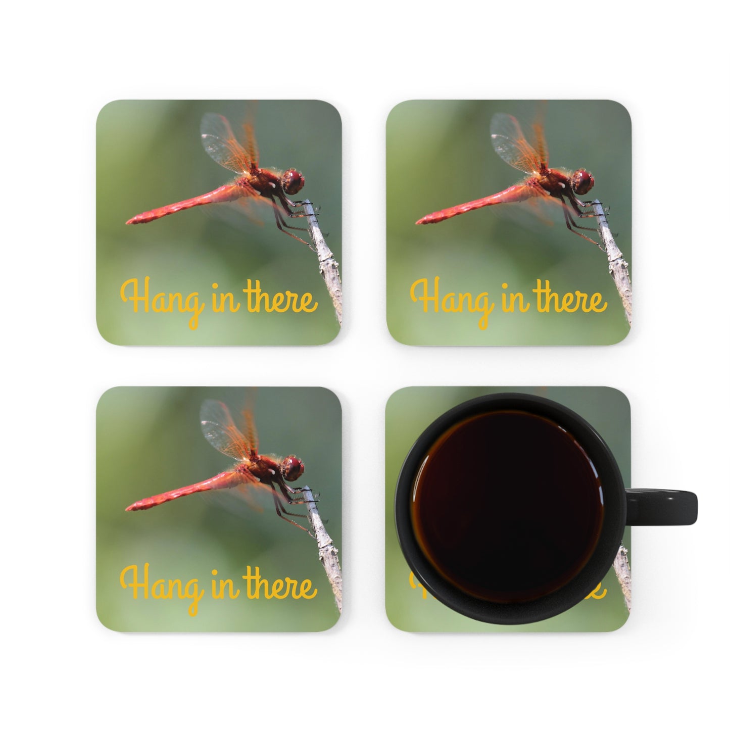 Corkwood Coaster Set 4-pack Red Dragonfly Hang In There