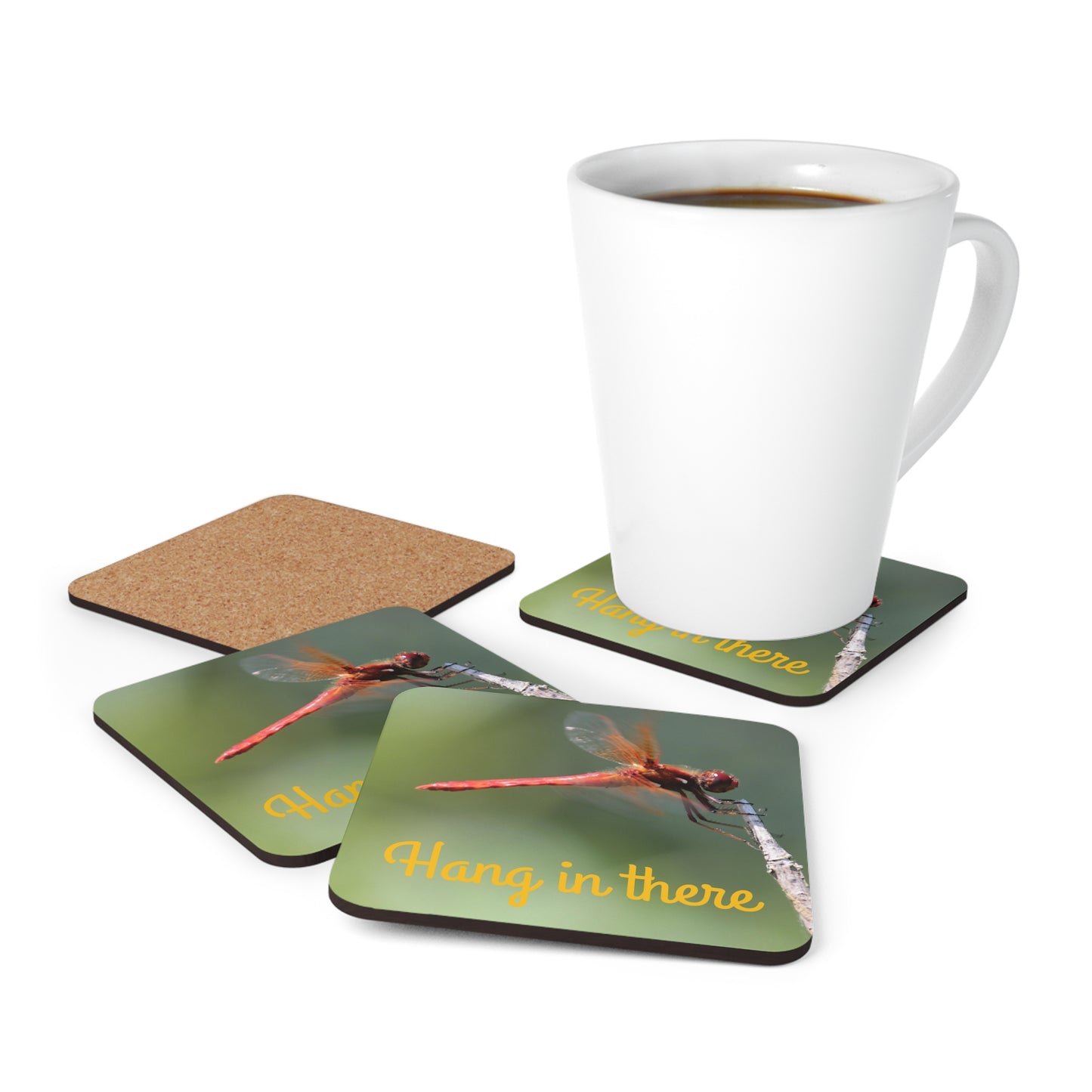 Corkwood Coaster Set 4-pack Red Dragonfly Hang In There