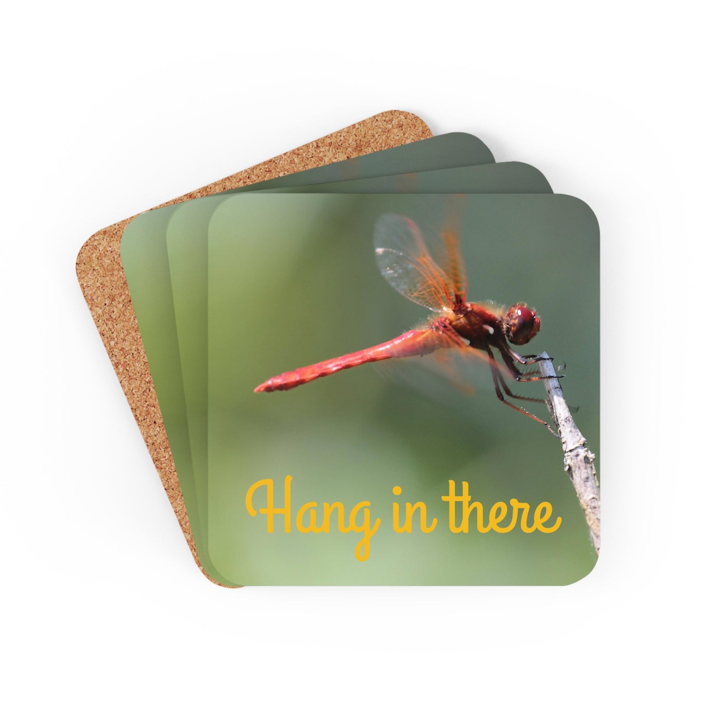 Corkwood Coaster Set 4-pack Red Dragonfly Hang In There