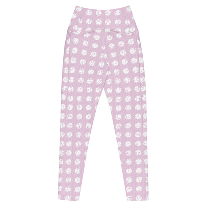 Women's White Polka Dot Pink Crossover Leggings with Pockets