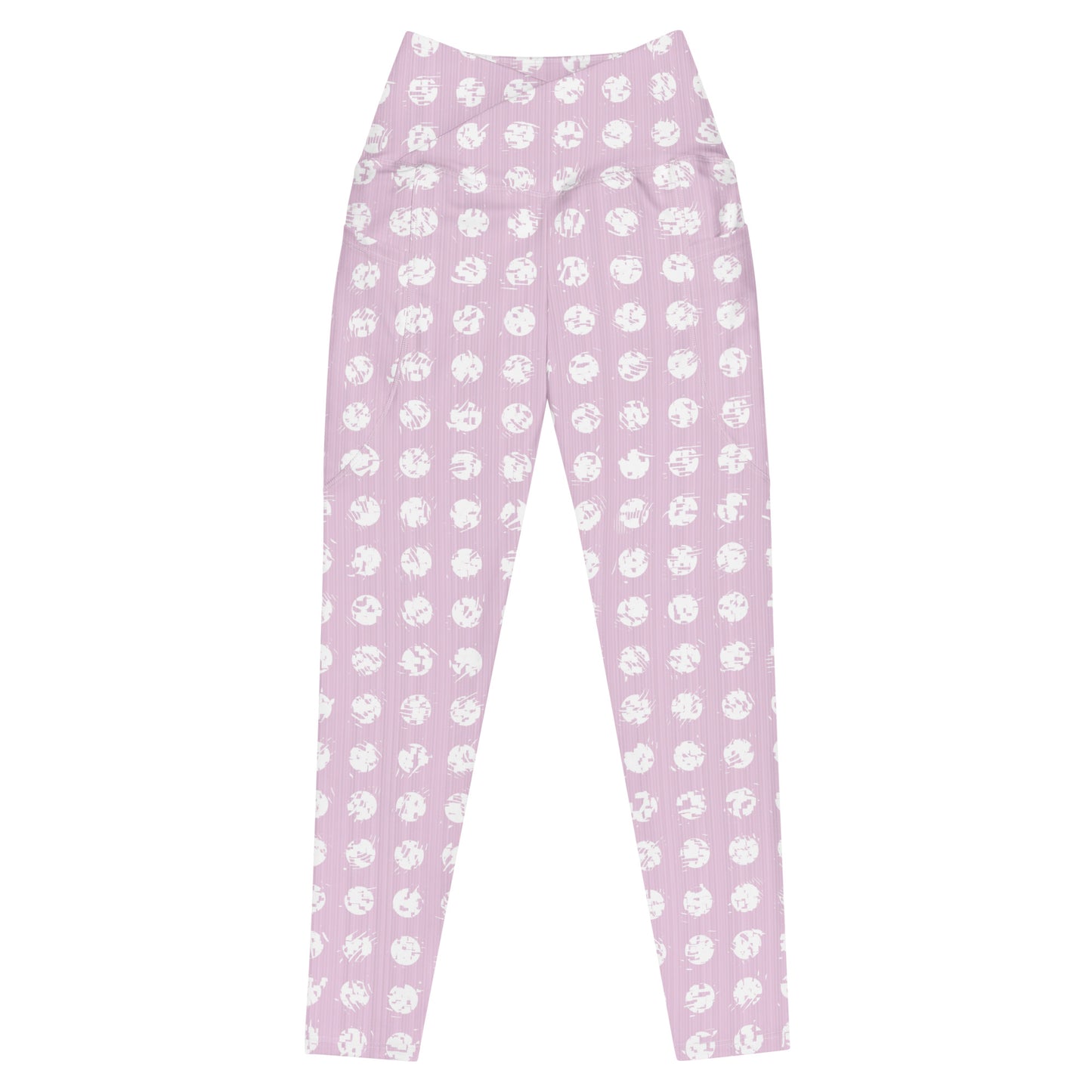 Women's White Polka Dot Pink Crossover Leggings with Pockets