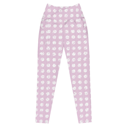 Women's White Polka Dot Pink Crossover Leggings with Pockets