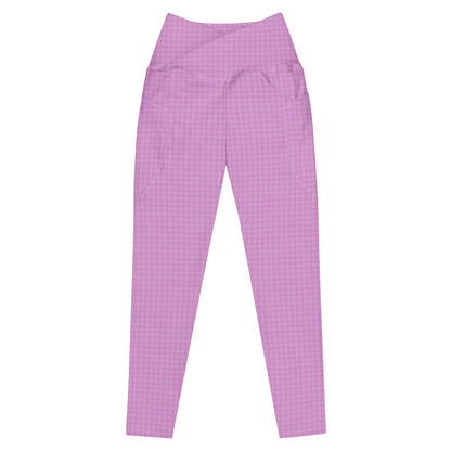 Women's Crossover Leggings Pink Houndstooth-Gingham Mix with Pockets