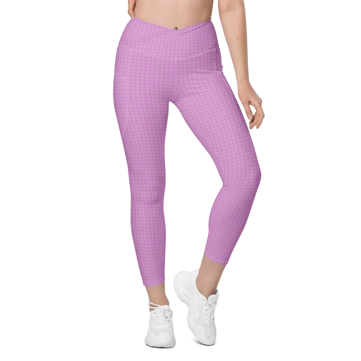 Women's Crossover Leggings Pink Houndstooth-Gingham Mix with Pockets