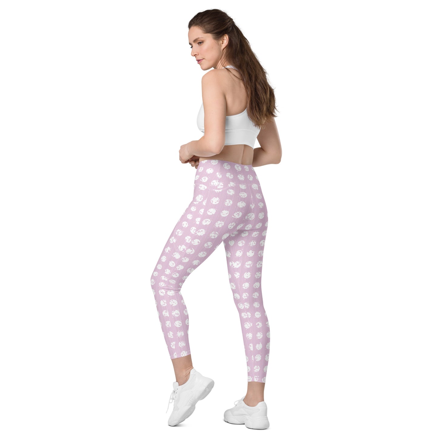 Women's White Polka Dot Pink Crossover Leggings with Pockets