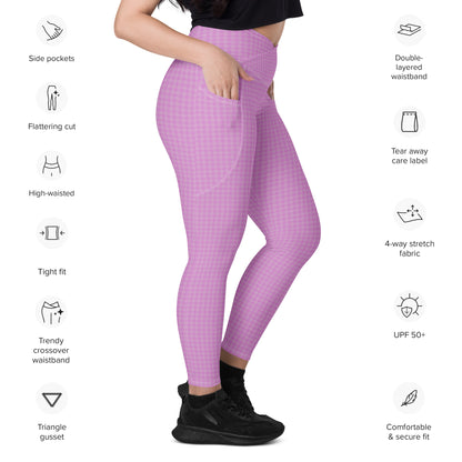 Women's Crossover Leggings Pink Houndstooth-Gingham Mix with Pockets