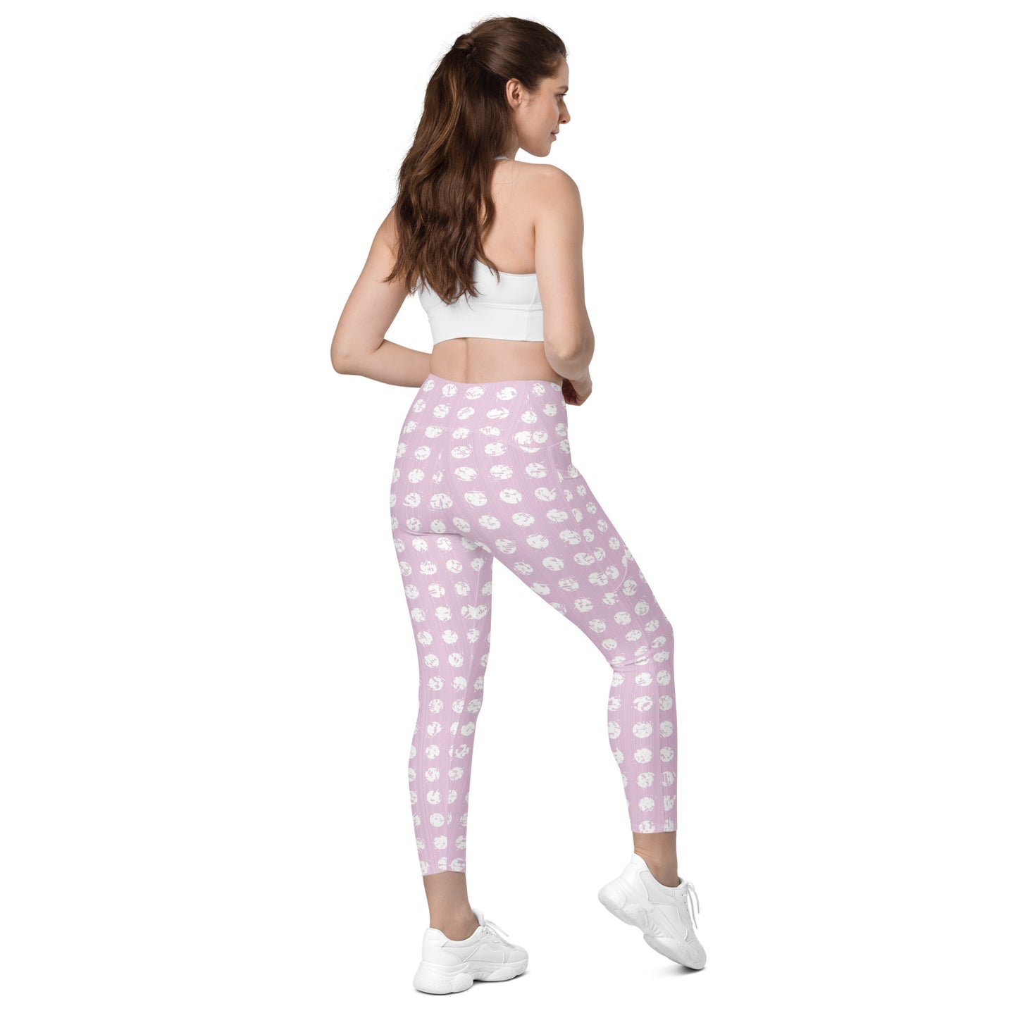 Women's White Polka Dot Pink Crossover Leggings with Pockets