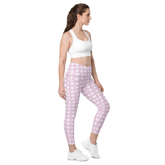 Women's White Polka Dot Pink Crossover Leggings with Pockets