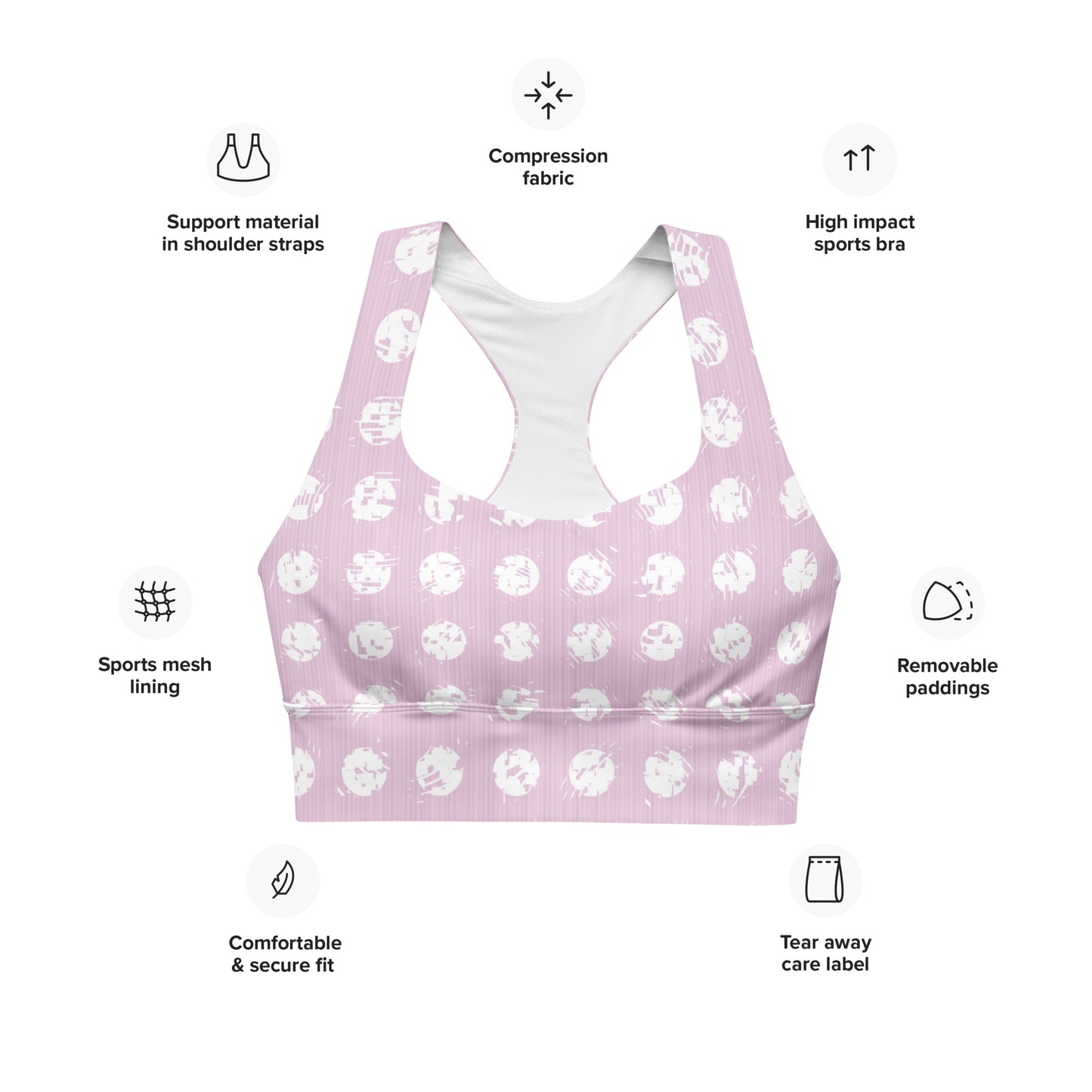 Women's White Polka Dot Pink Longline Sports Bra