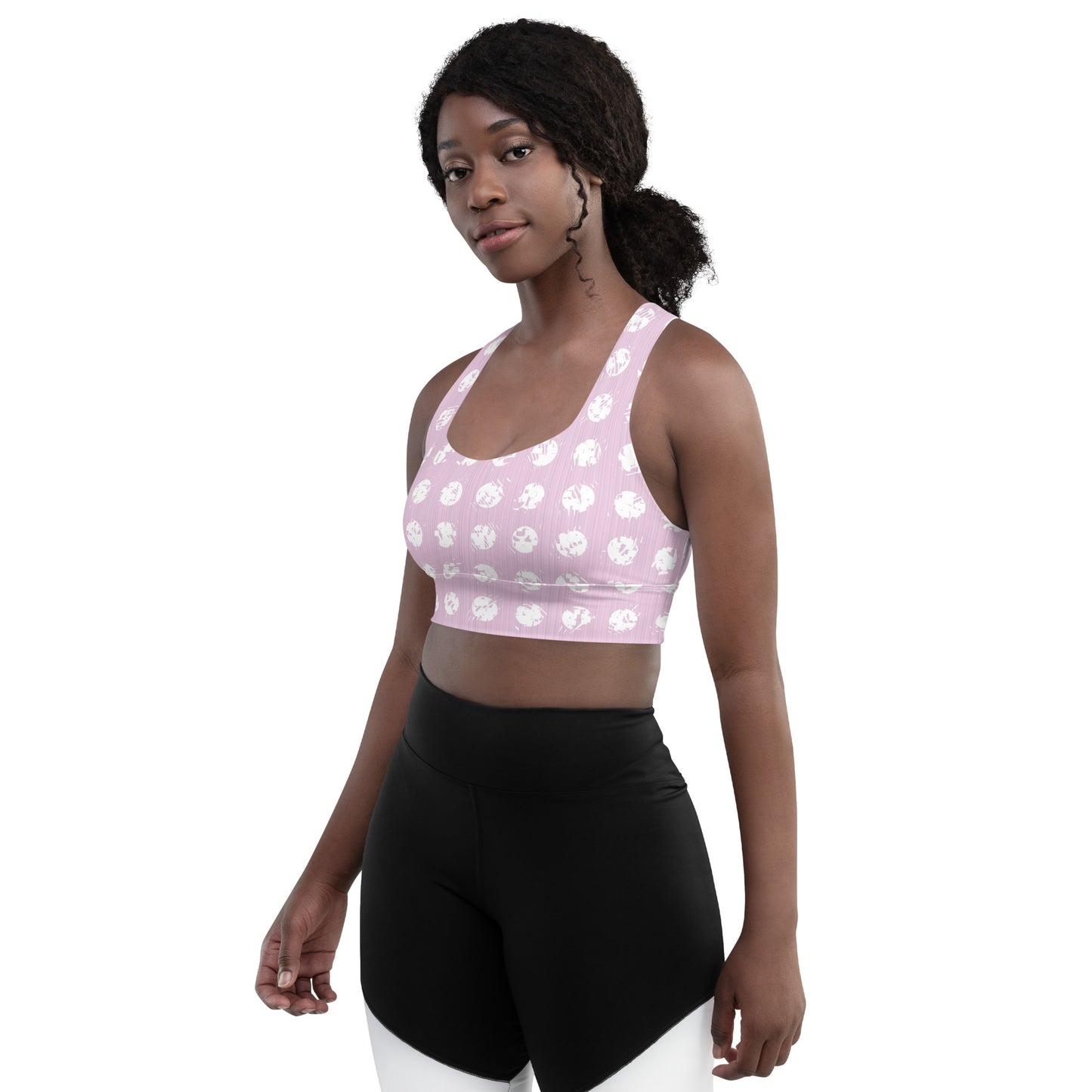 Women's White Polka Dot Pink Longline Sports Bra