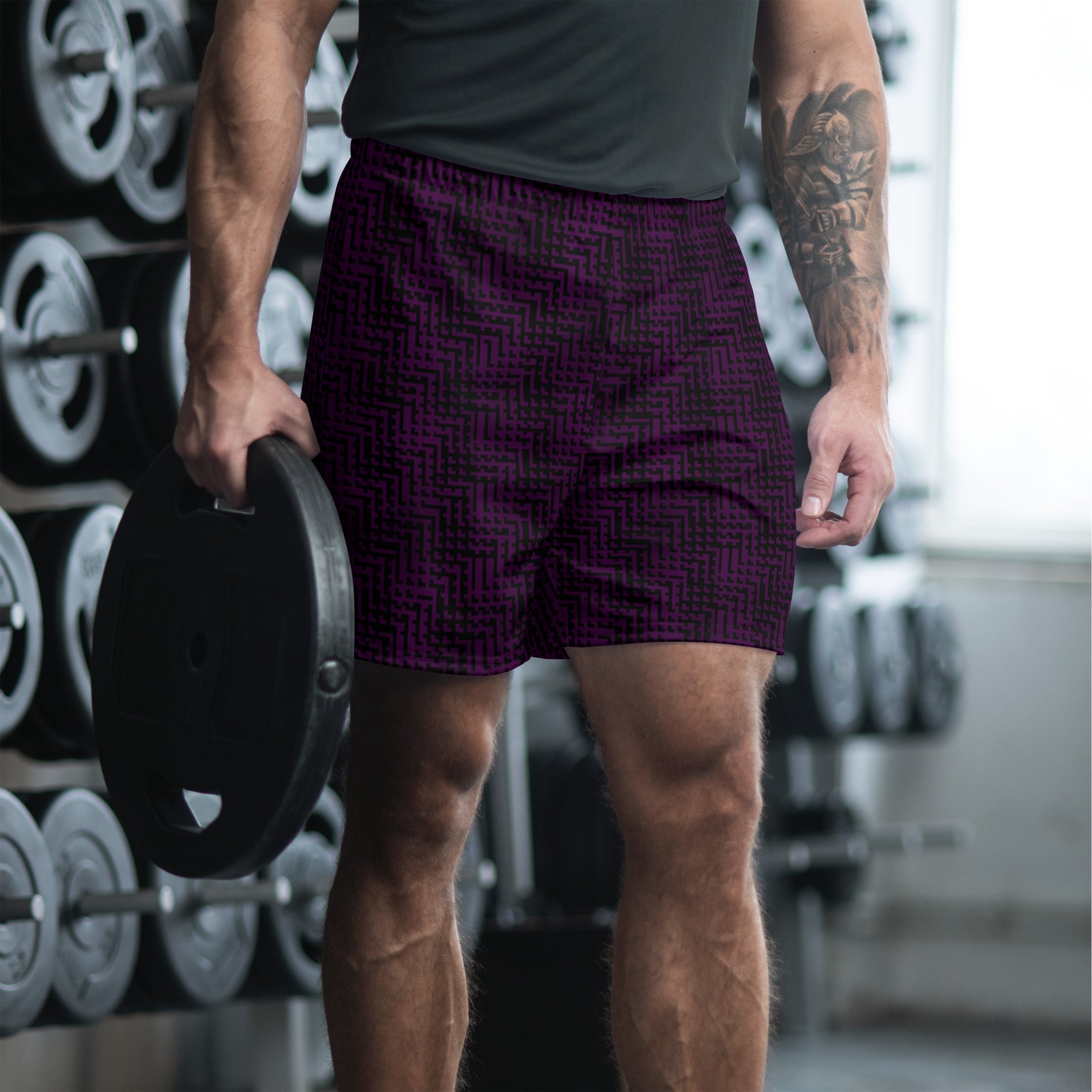 Men's Black & Purple Pixel Pattern Recycled Athletic Shorts