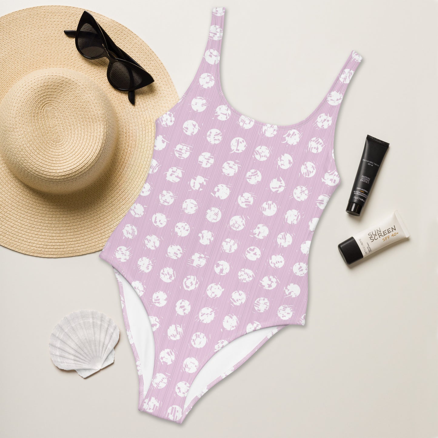 Women's White Polka Dot Pink One-Piece Swimsuit