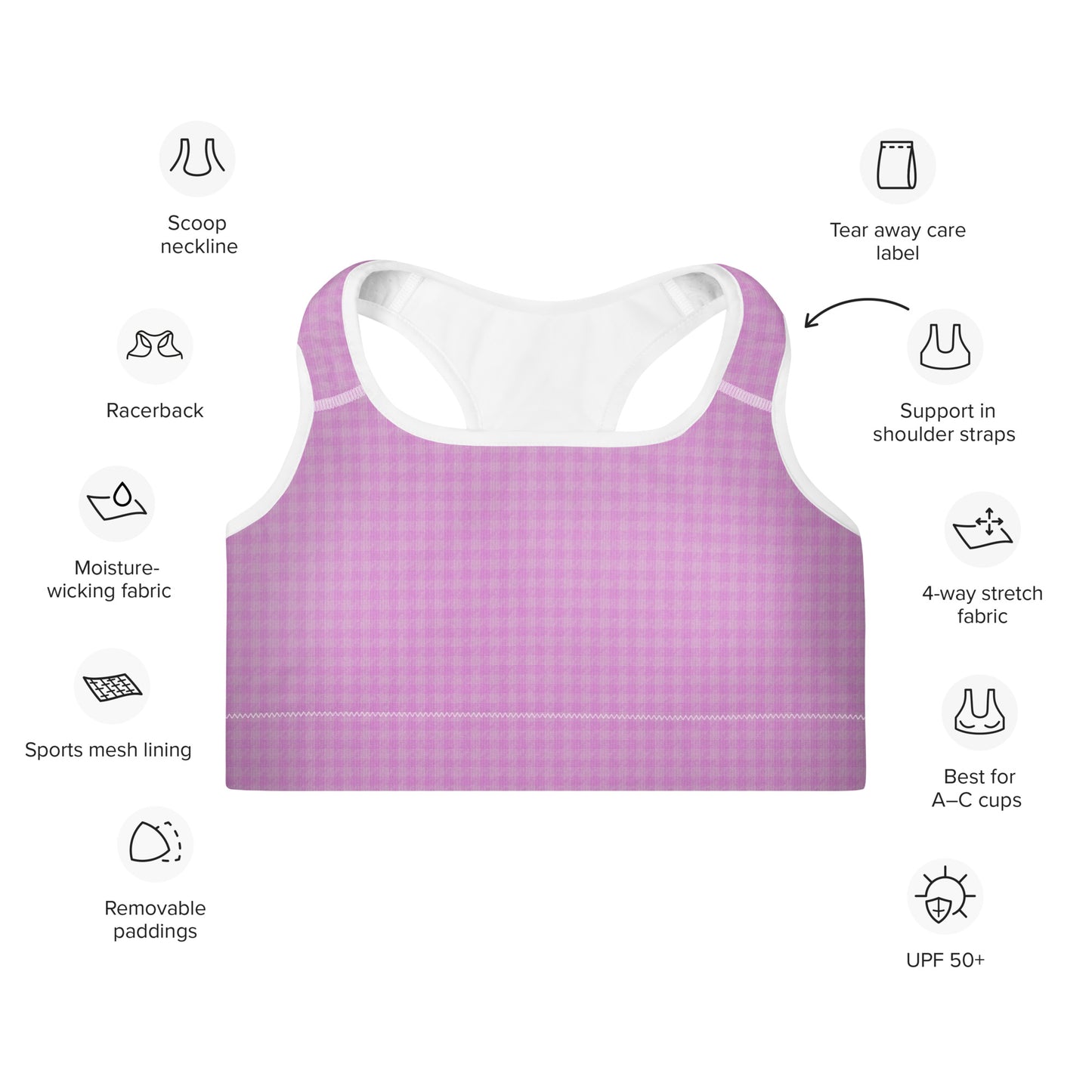 Women's Padded Sports Bra Pink Houndstooth-Gingham Mix