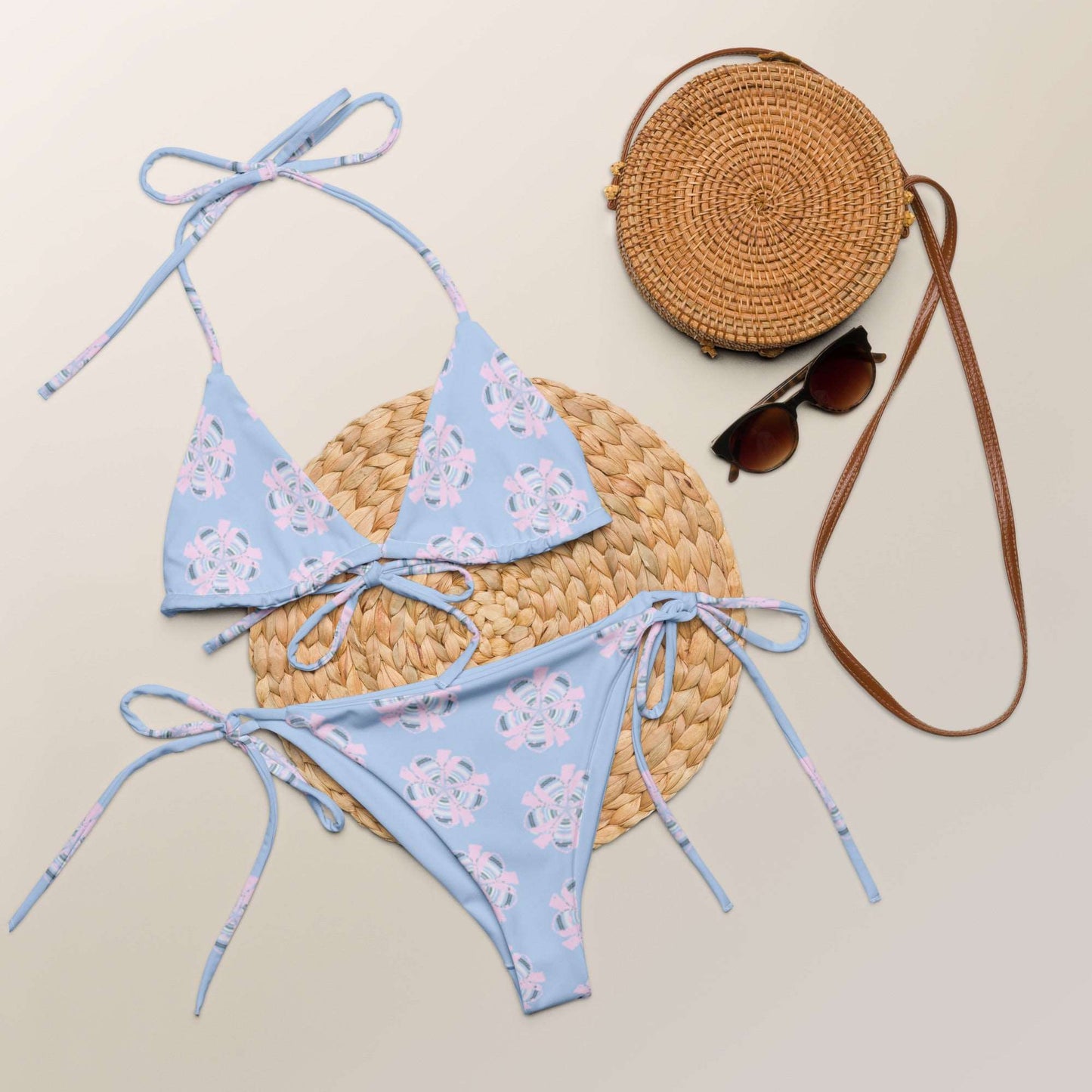 Floral Hybrid Pixel Art Recycled String Bikini Hawkes Blue