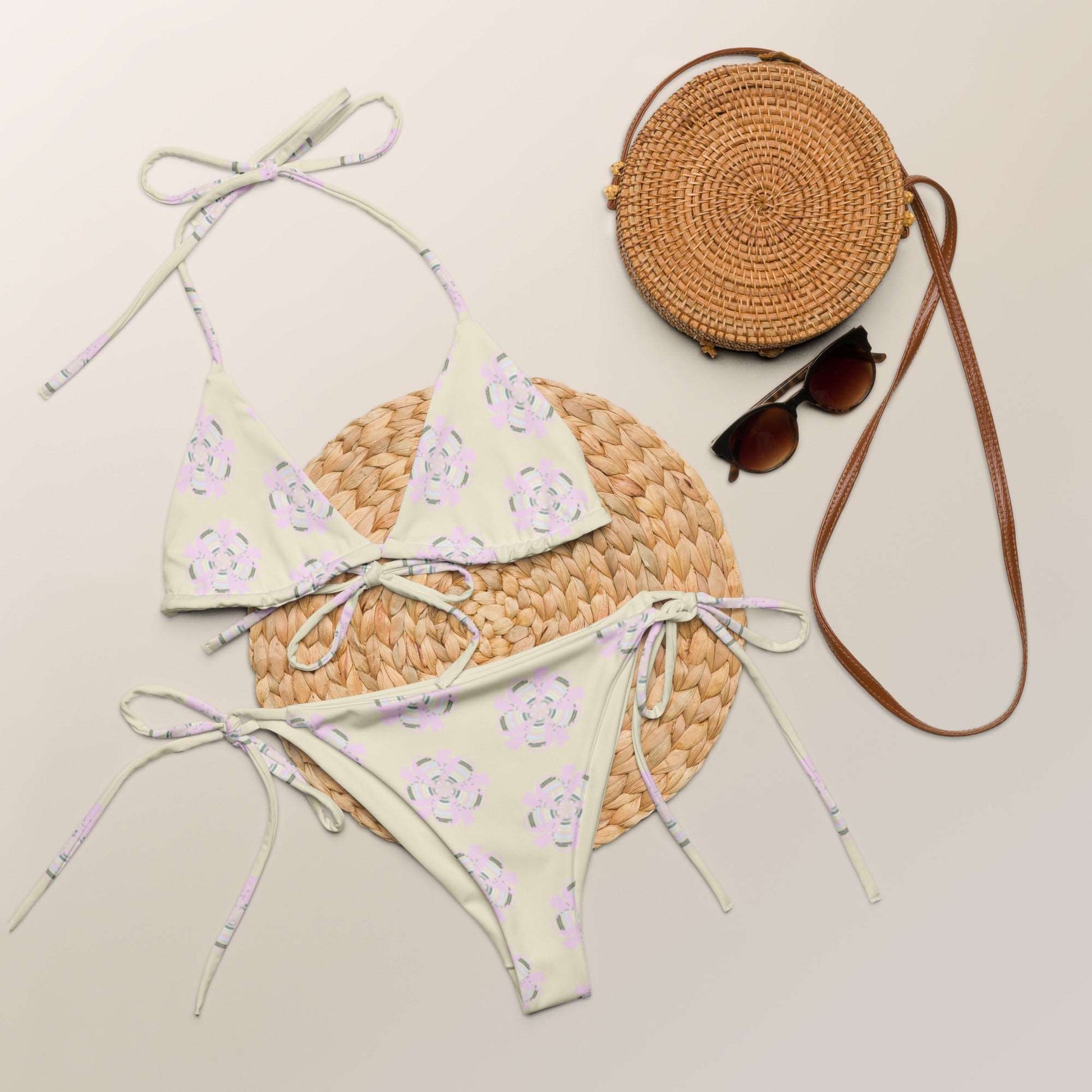 Floral Hybrid Pixel Art Recycled String Bikini Apricot White