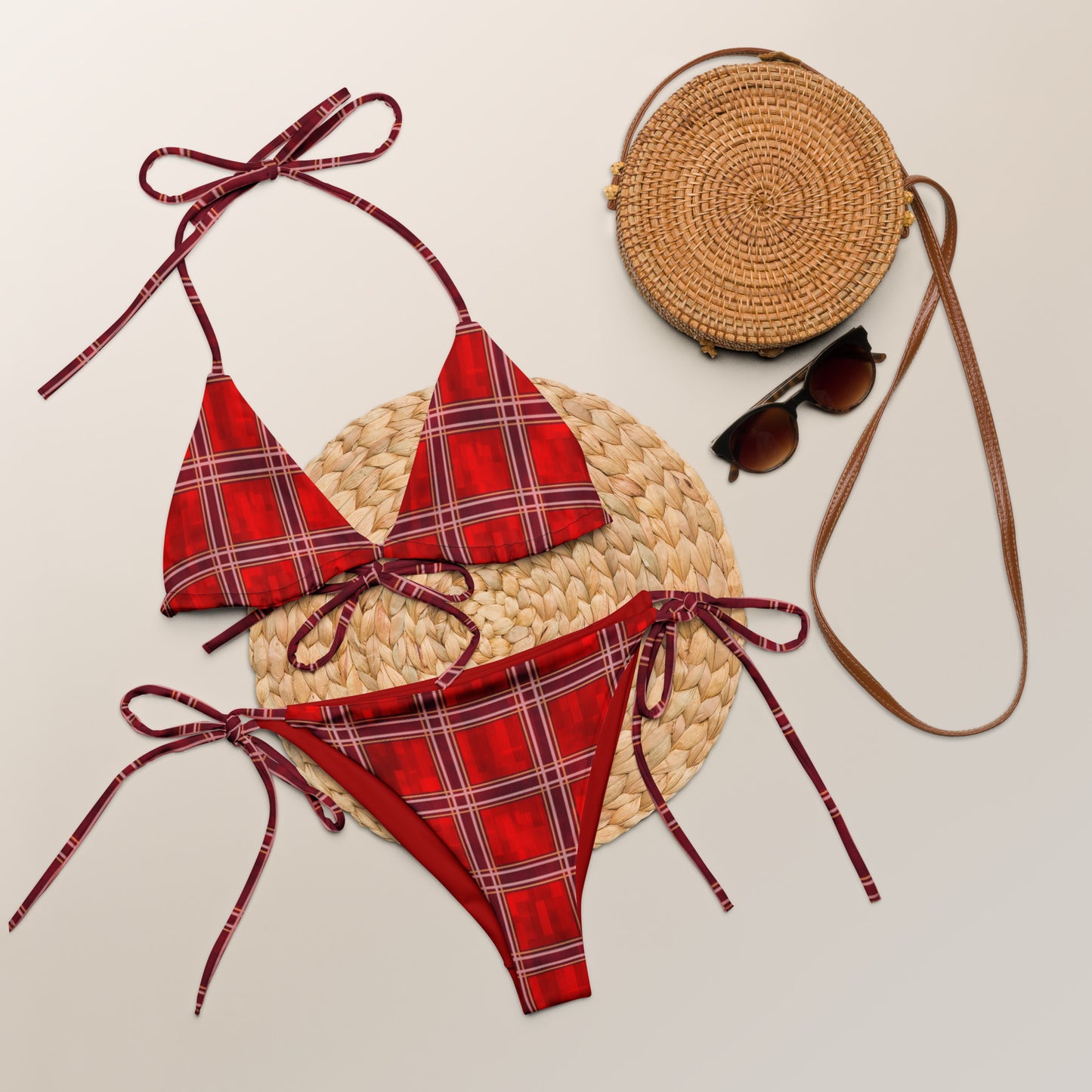 Recycled String Bikini Red Plaid