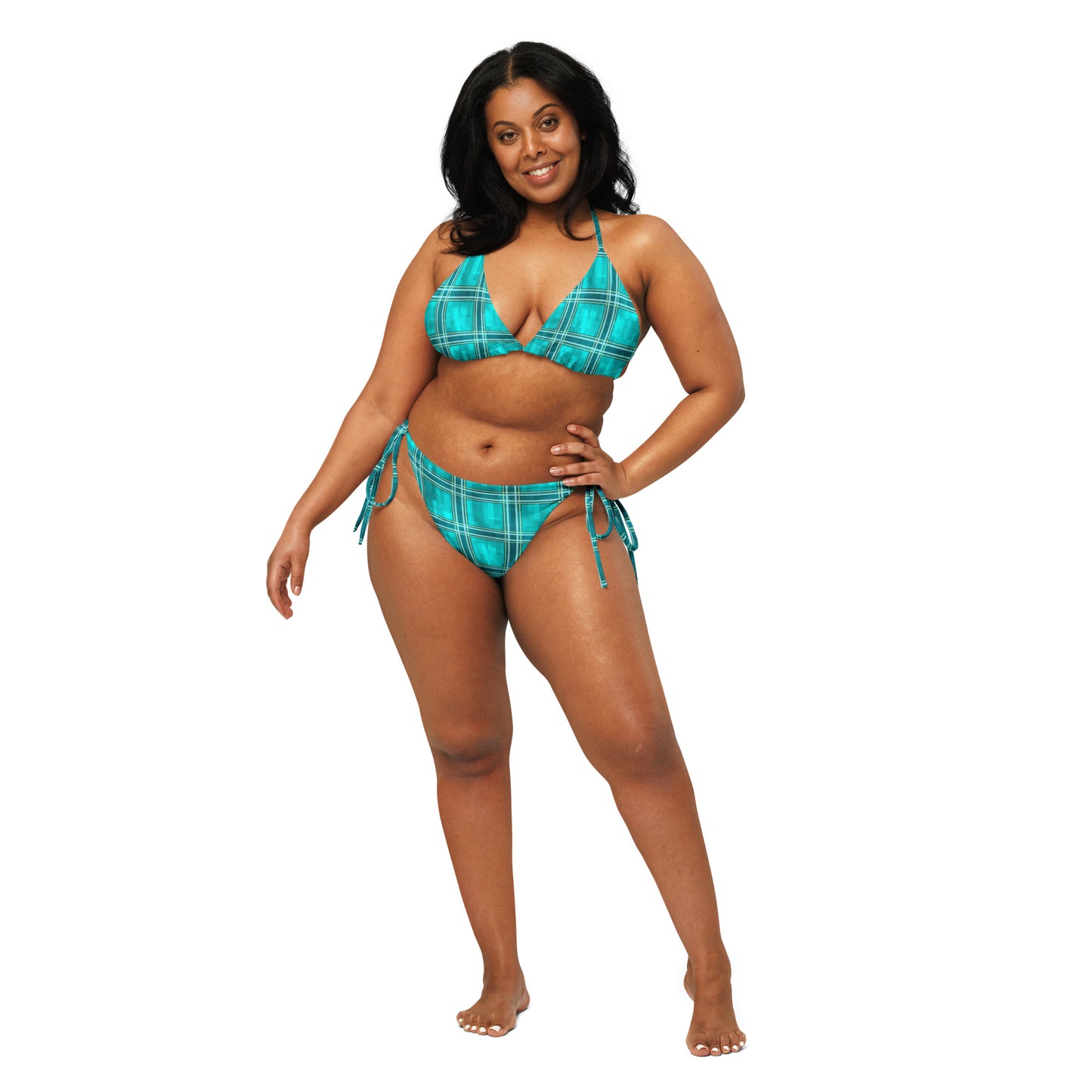 Recycled String Bikini Teal Plaid