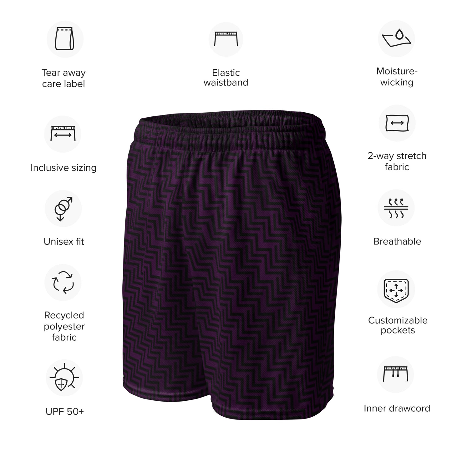 Unisex Mesh Shorts Purple & Black Zig Zag Print