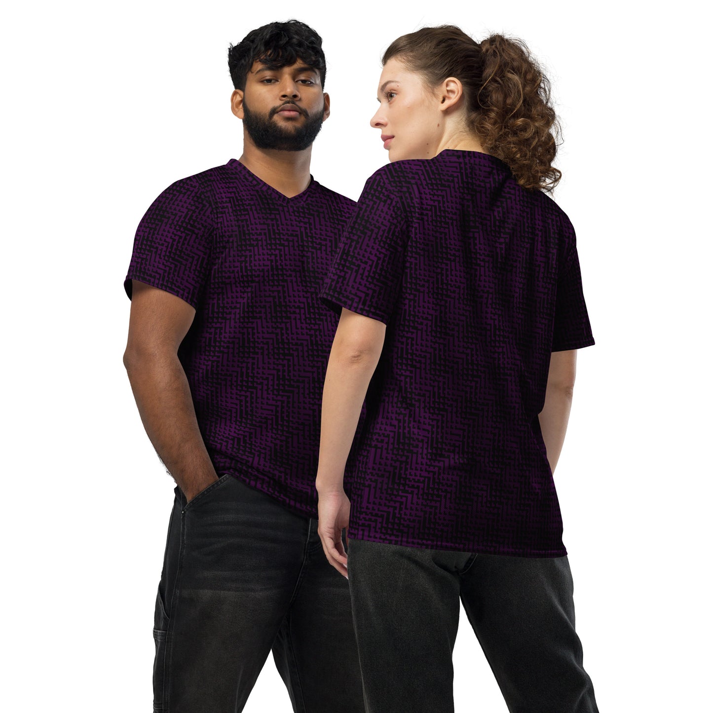 Unisex Recycled Sports Jersey Black & Purple Houndstooth-Gingham Mix