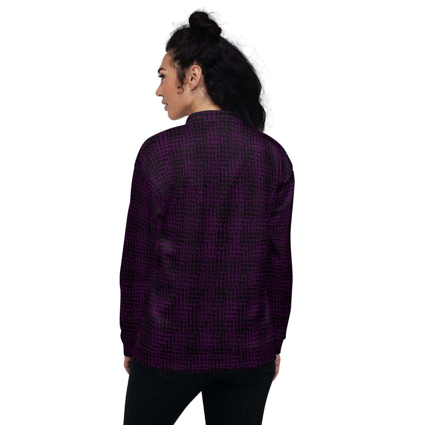 Unisex Bomber Jacket Black & Purple Houndstooth-Gingham Mix