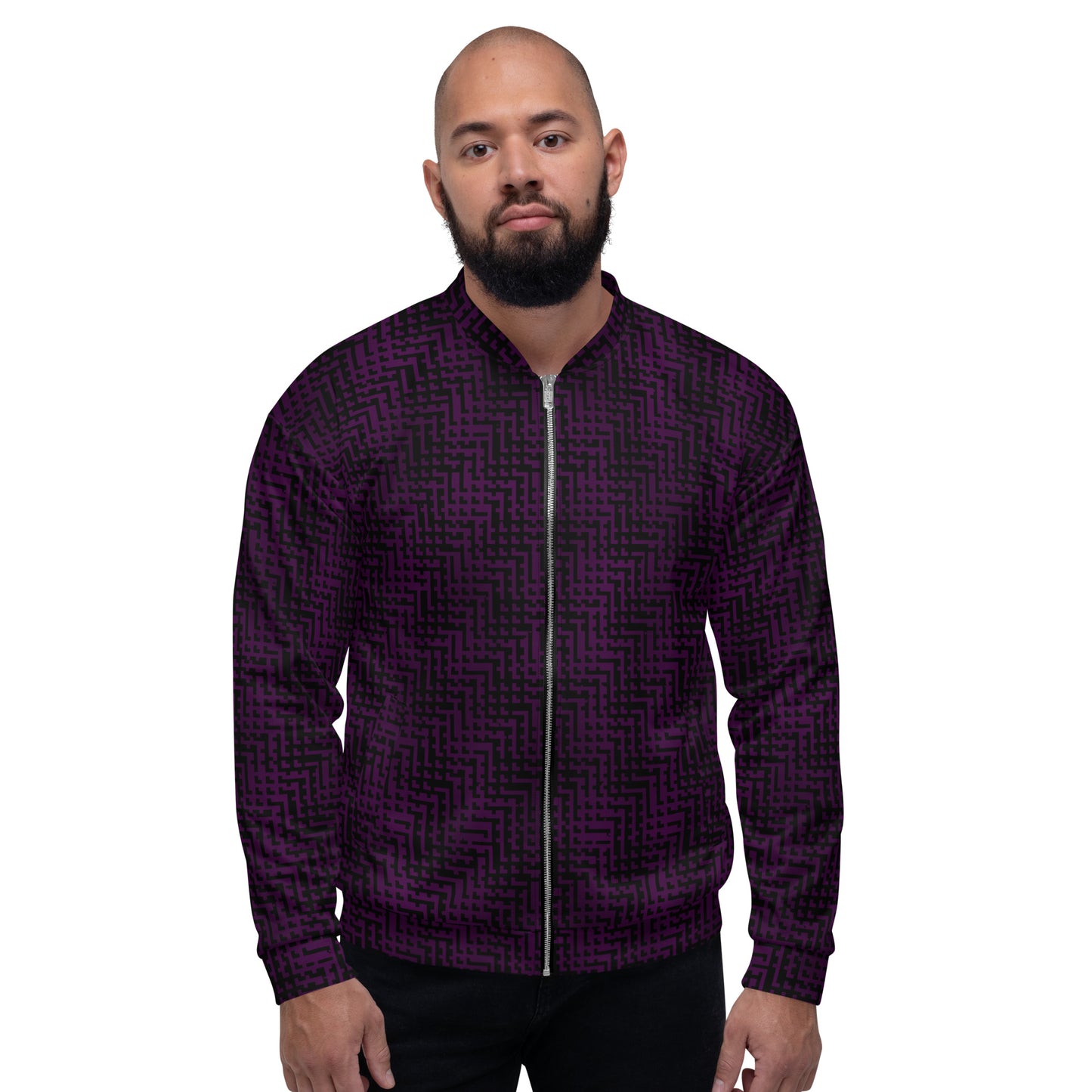 Unisex Bomber Jacket Black & Purple Houndstooth-Gingham Mix