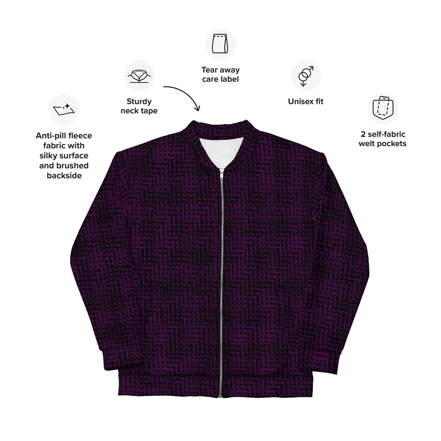 Unisex Bomber Jacket Black & Purple Houndstooth-Gingham Mix