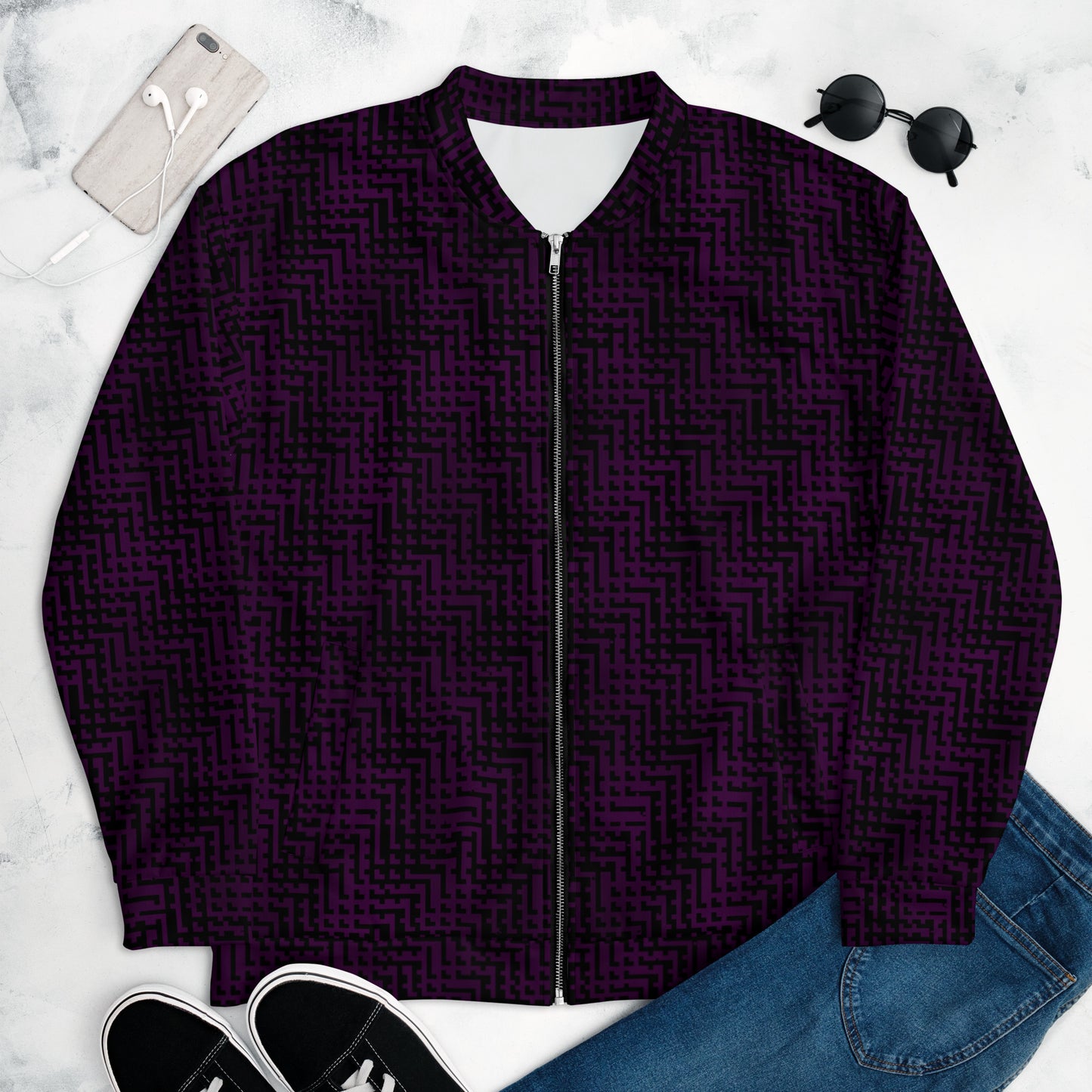 Unisex Bomber Jacket Black & Purple Houndstooth-Gingham Mix