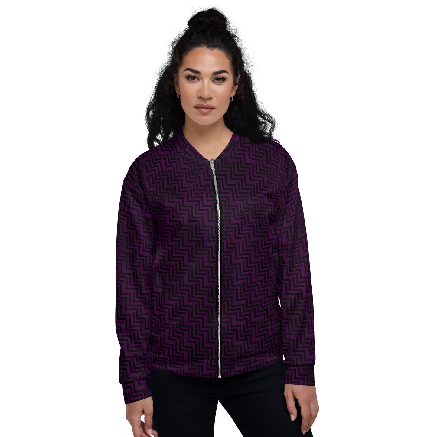 Unisex Bomber Jacket Purple & Black Zig Zag Print