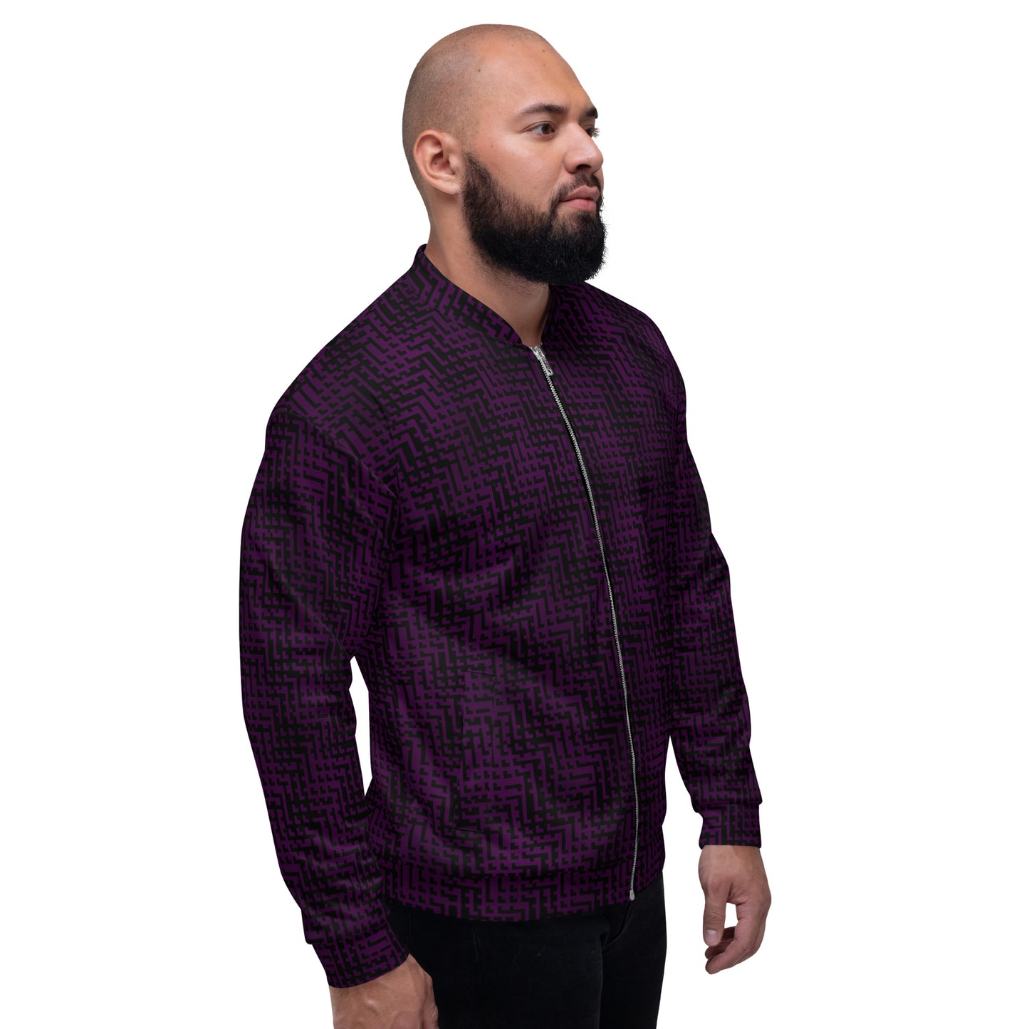 Unisex Bomber Jacket Black & Purple Houndstooth-Gingham Mix