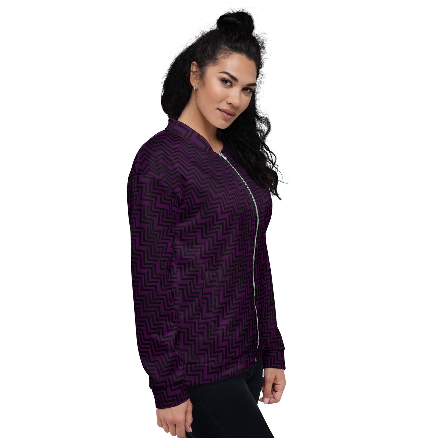 Unisex Bomber Jacket Purple & Black Zig Zag Print