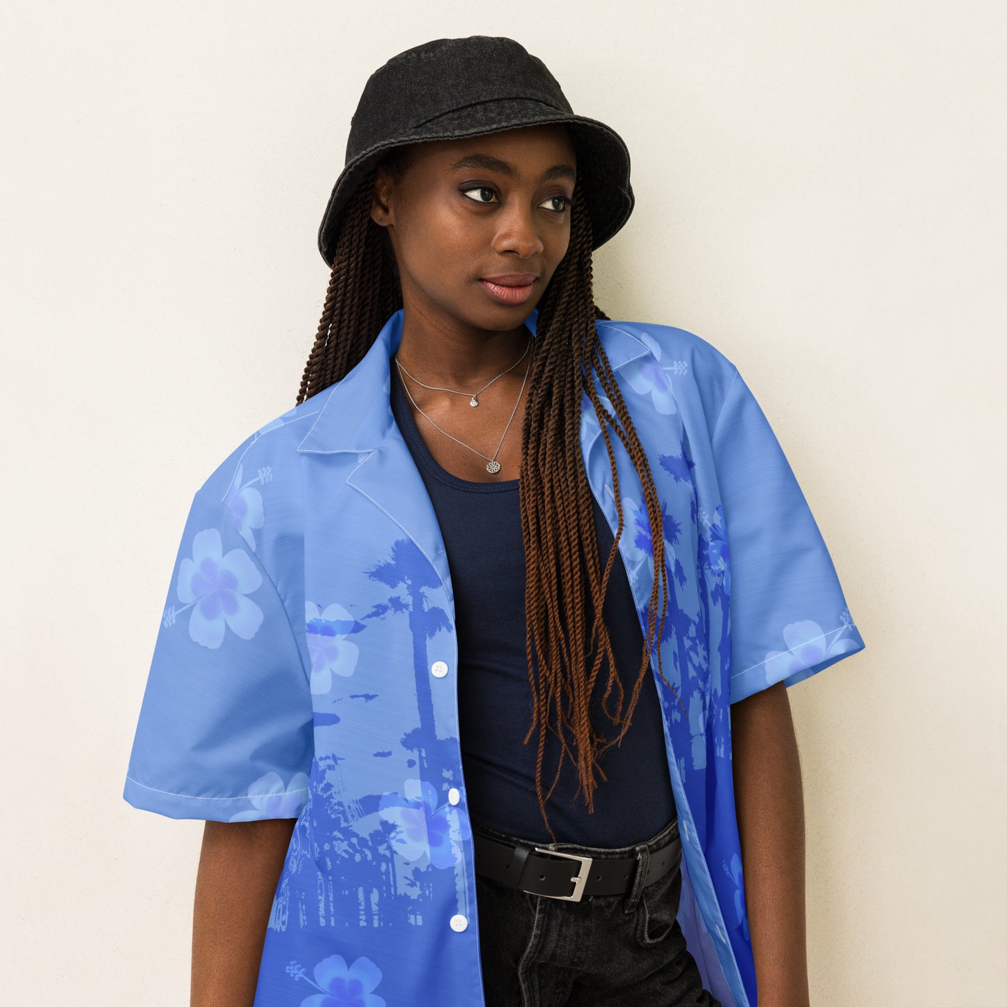 Unisex Button Shirt Hawiian Print in Blue