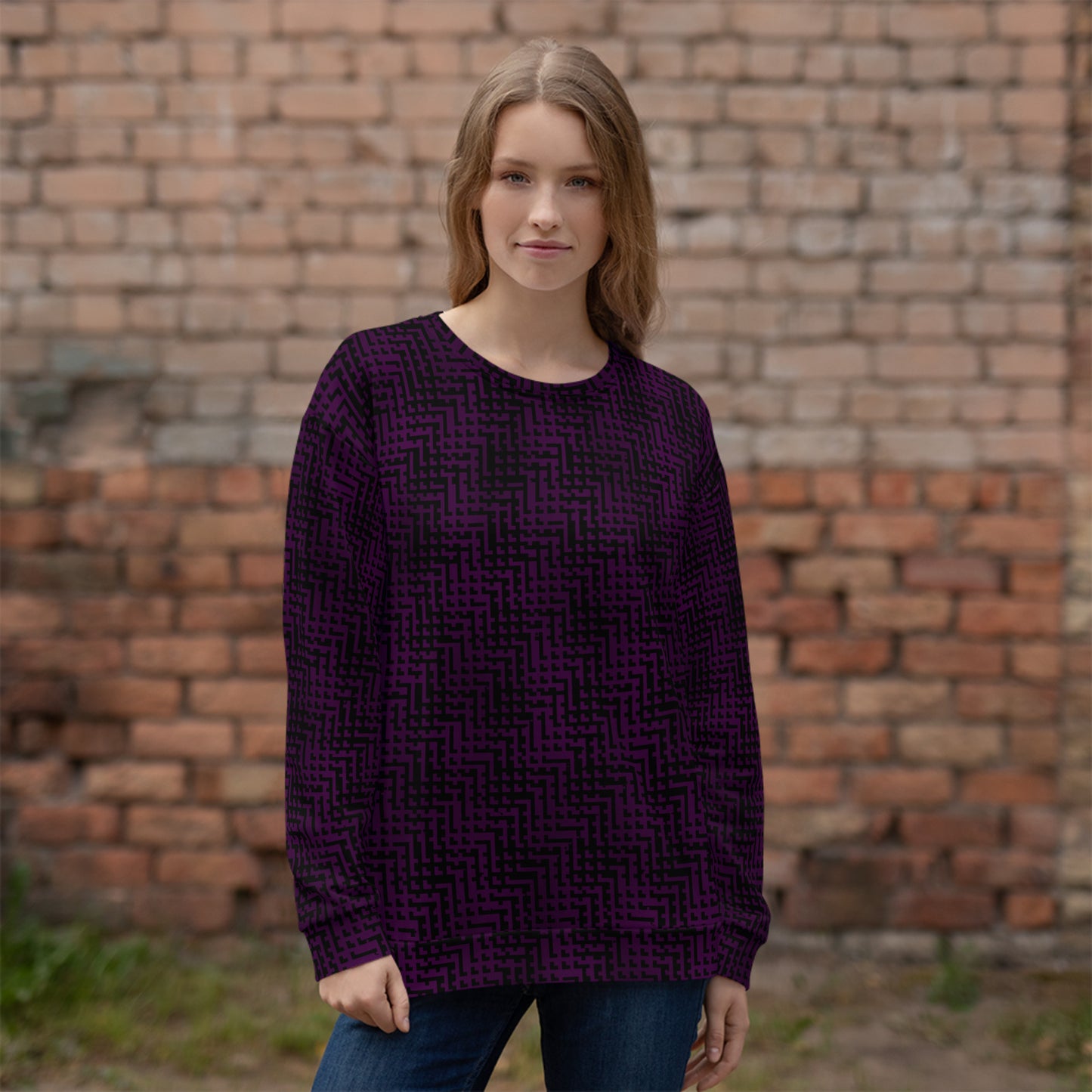 Unisex Sweatshirt Black & Purple Houndstooth-Gingham Mix