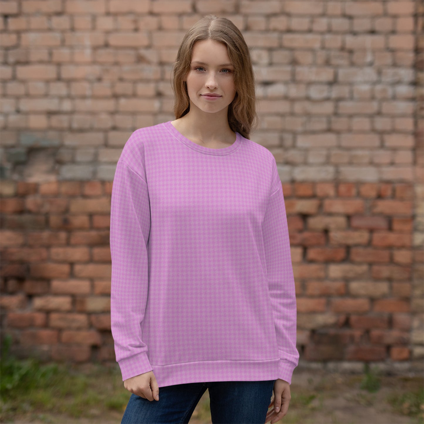 Women's Sweatshirt Pink Houndstooth-Gingham Mix