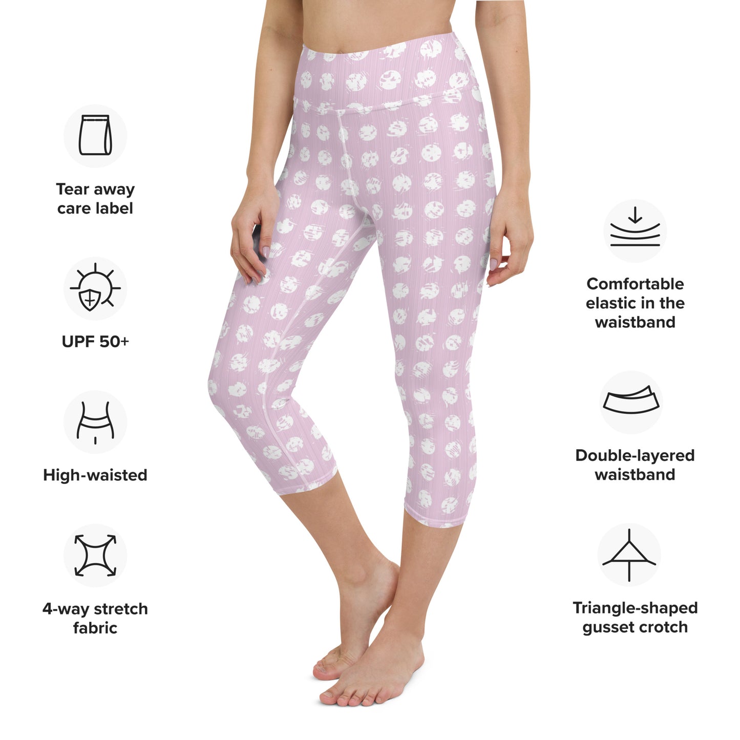 Women's White Polka Dot Pink Yoga Capri Leggings