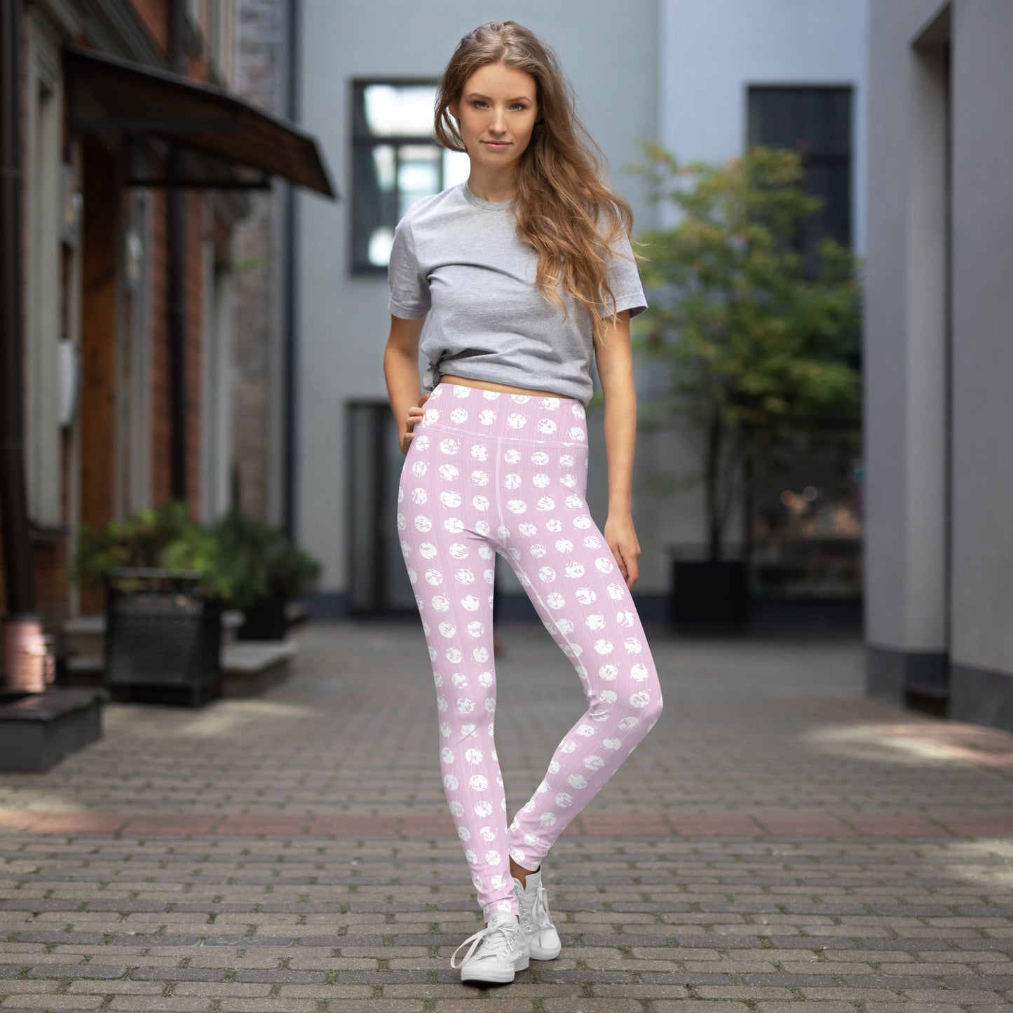 Women's White Polka Dot Pink Yoga Leggings