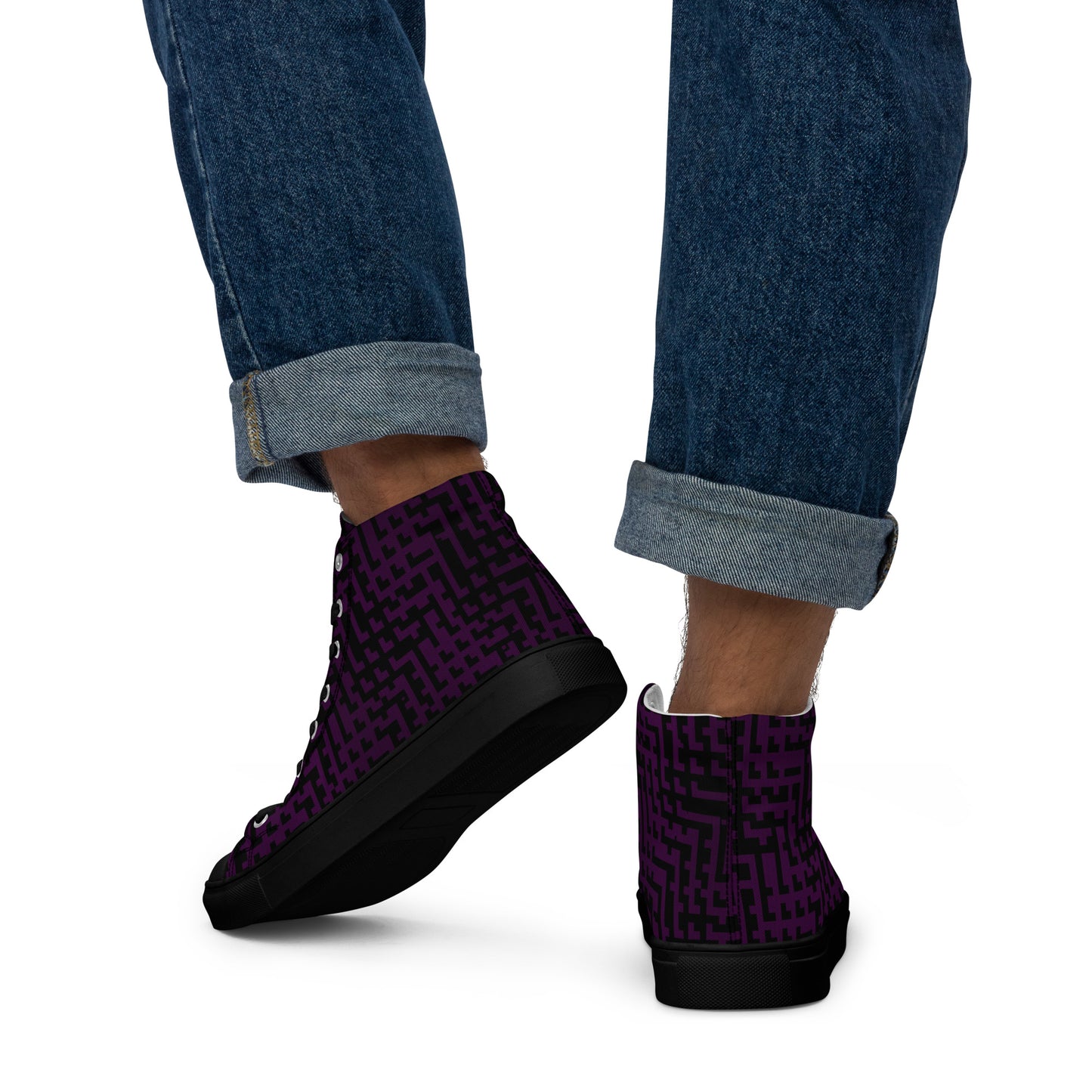 Men’s High Top Canvas Shoes Black & Purple Houndstooth Gingham Mix