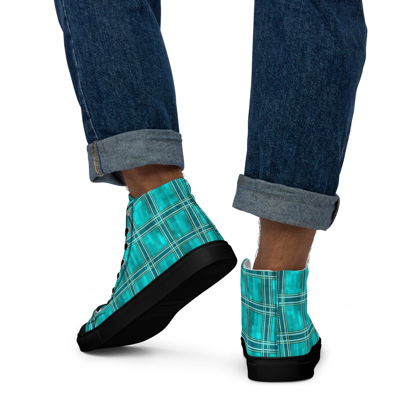 Men’s High Top Canvas Shoes Teal Plaid