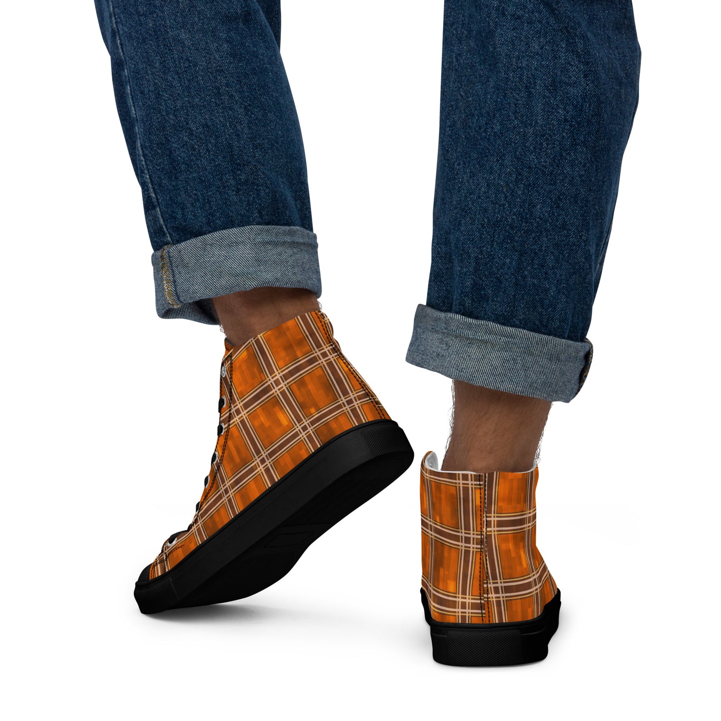 Men’s High Top Canvas Shoes Orange Plaid