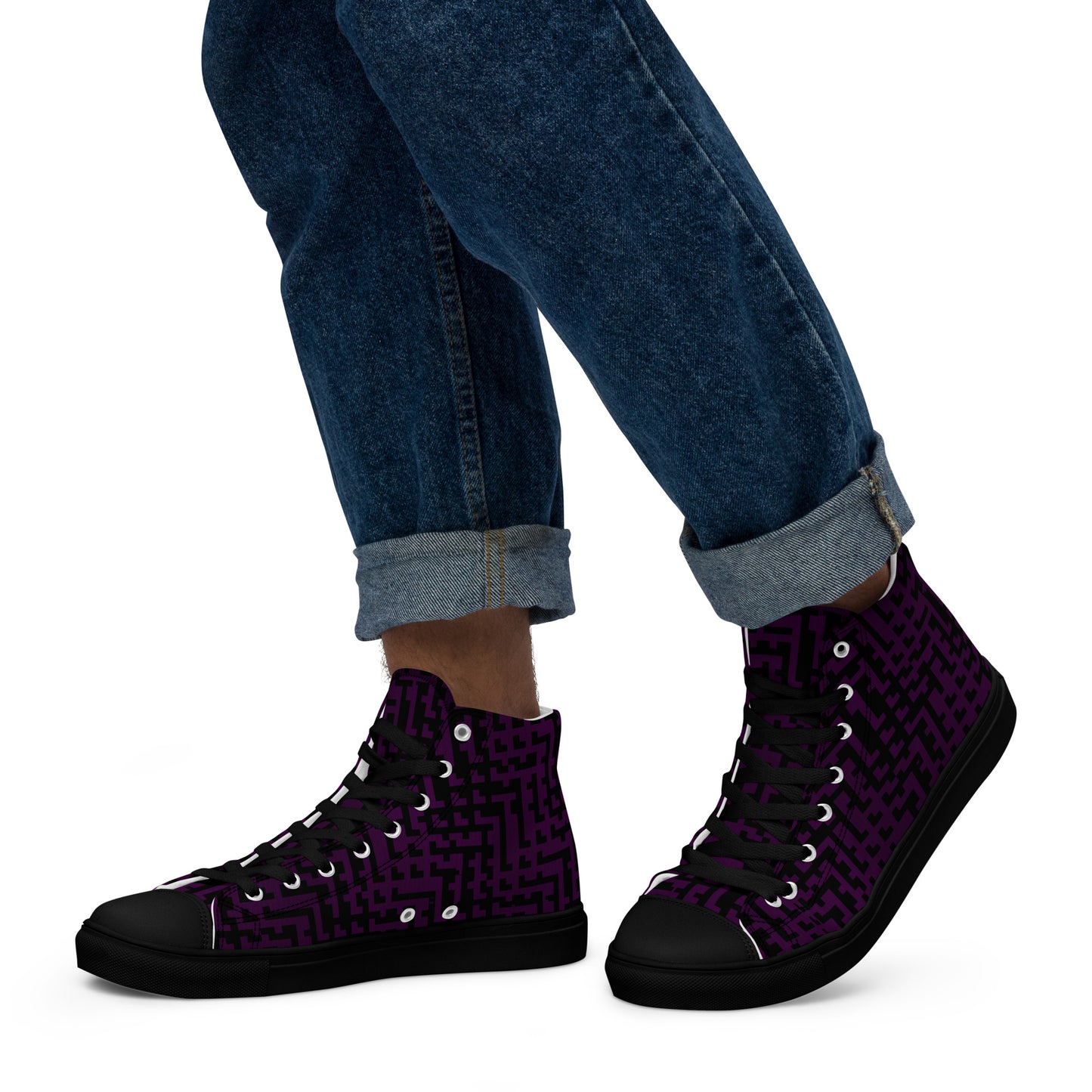 Men’s High Top Canvas Shoes Black & Purple Houndstooth Gingham Mix