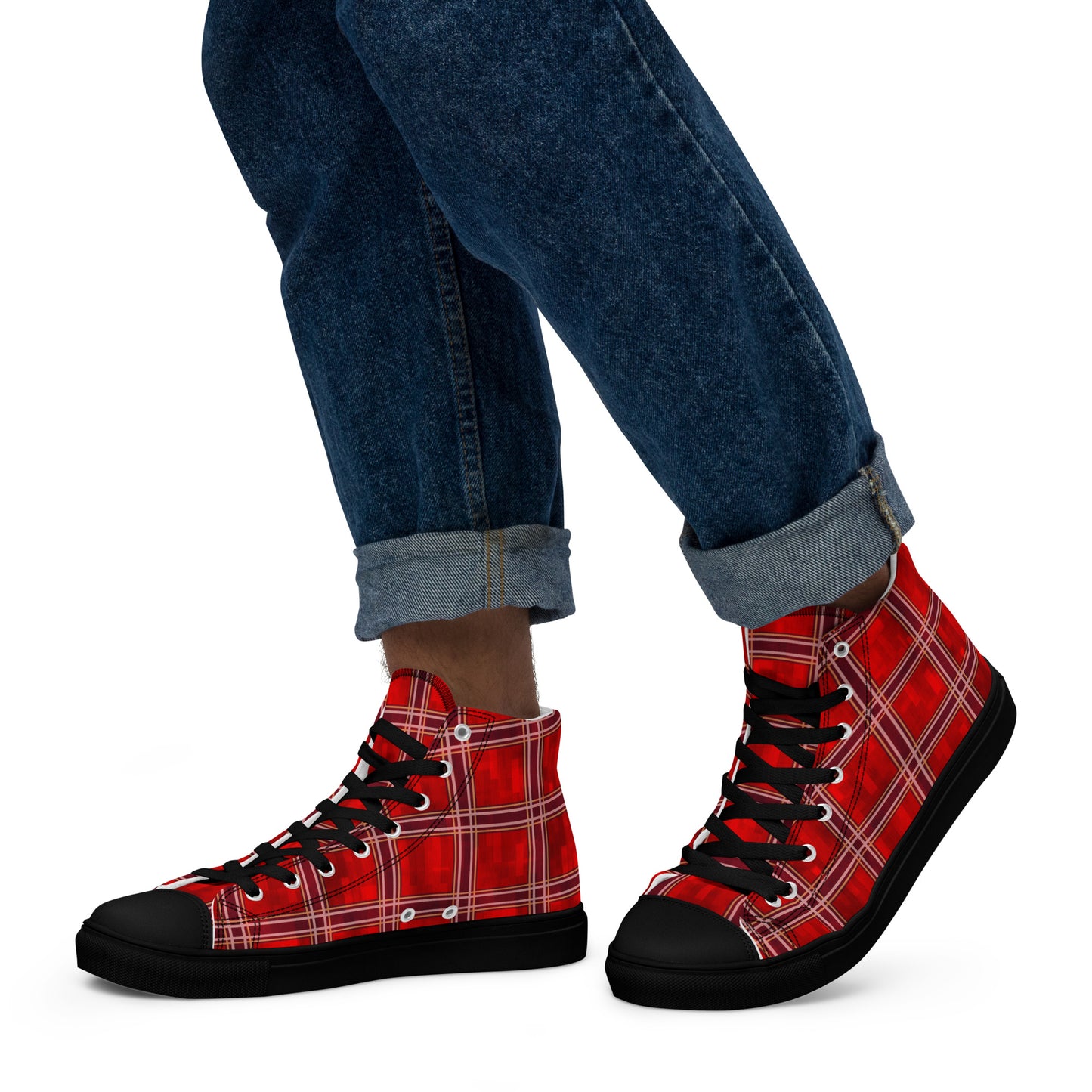 Men’s High Top Canvas Shoes Red Plaid