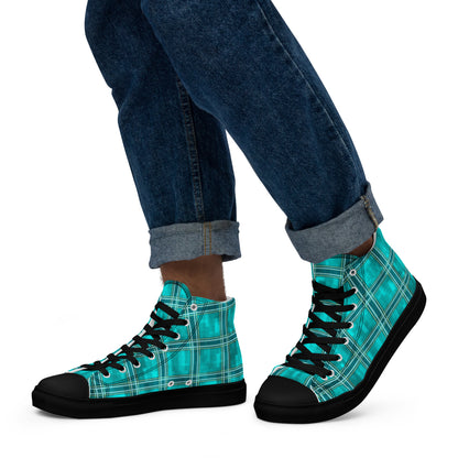 Men’s High Top Canvas Shoes Teal Plaid