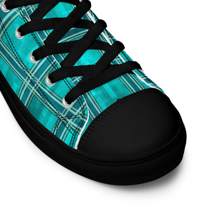 Men’s High Top Canvas Shoes Teal Plaid