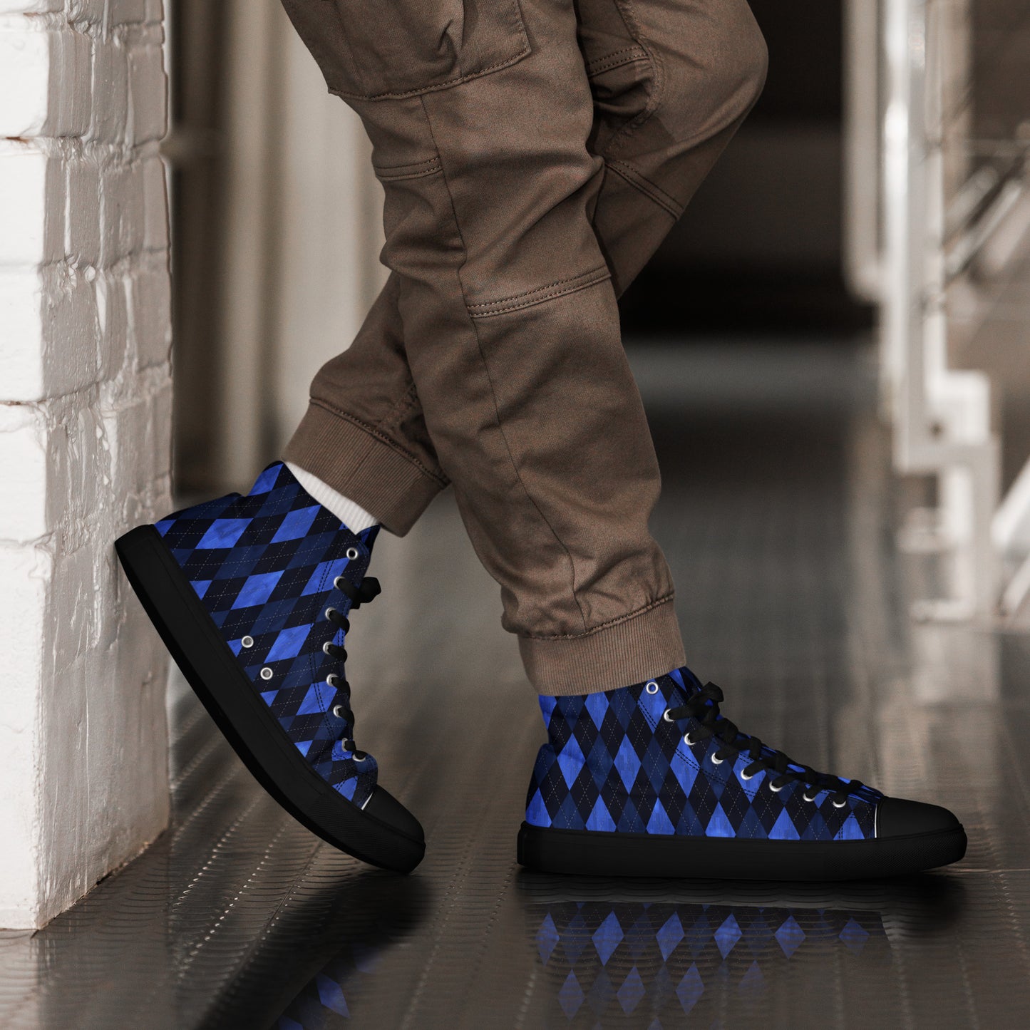 Men’s High Top Canvas Shoes Blue Argyle