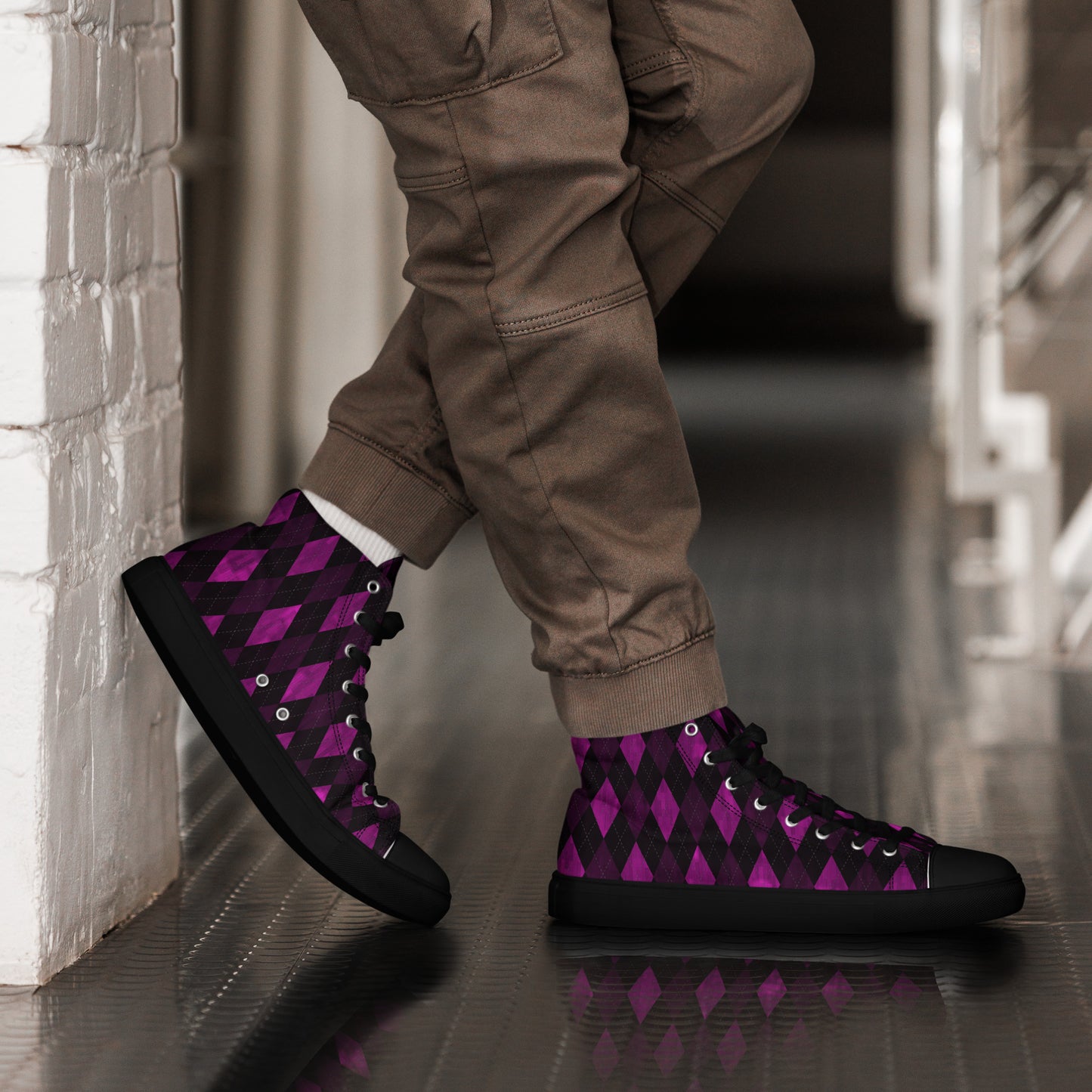 Men’s High Top Canvas Shoes Purple Argyle