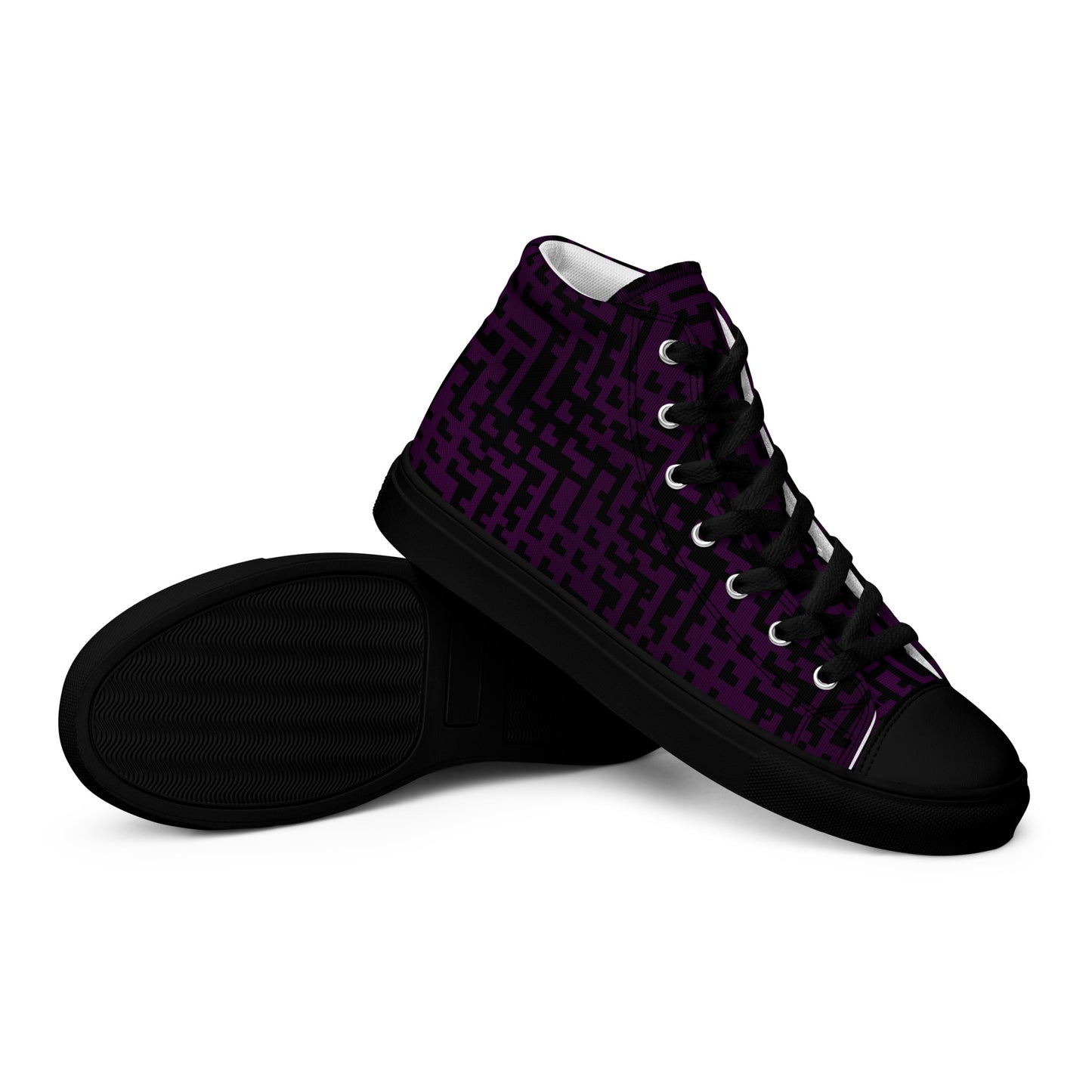 Men’s High Top Canvas Shoes Black & Purple Houndstooth Gingham Mix