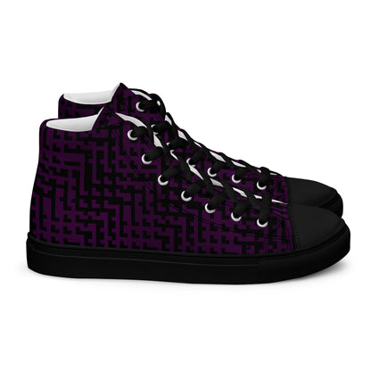 Men’s High Top Canvas Shoes Black & Purple Houndstooth Gingham Mix