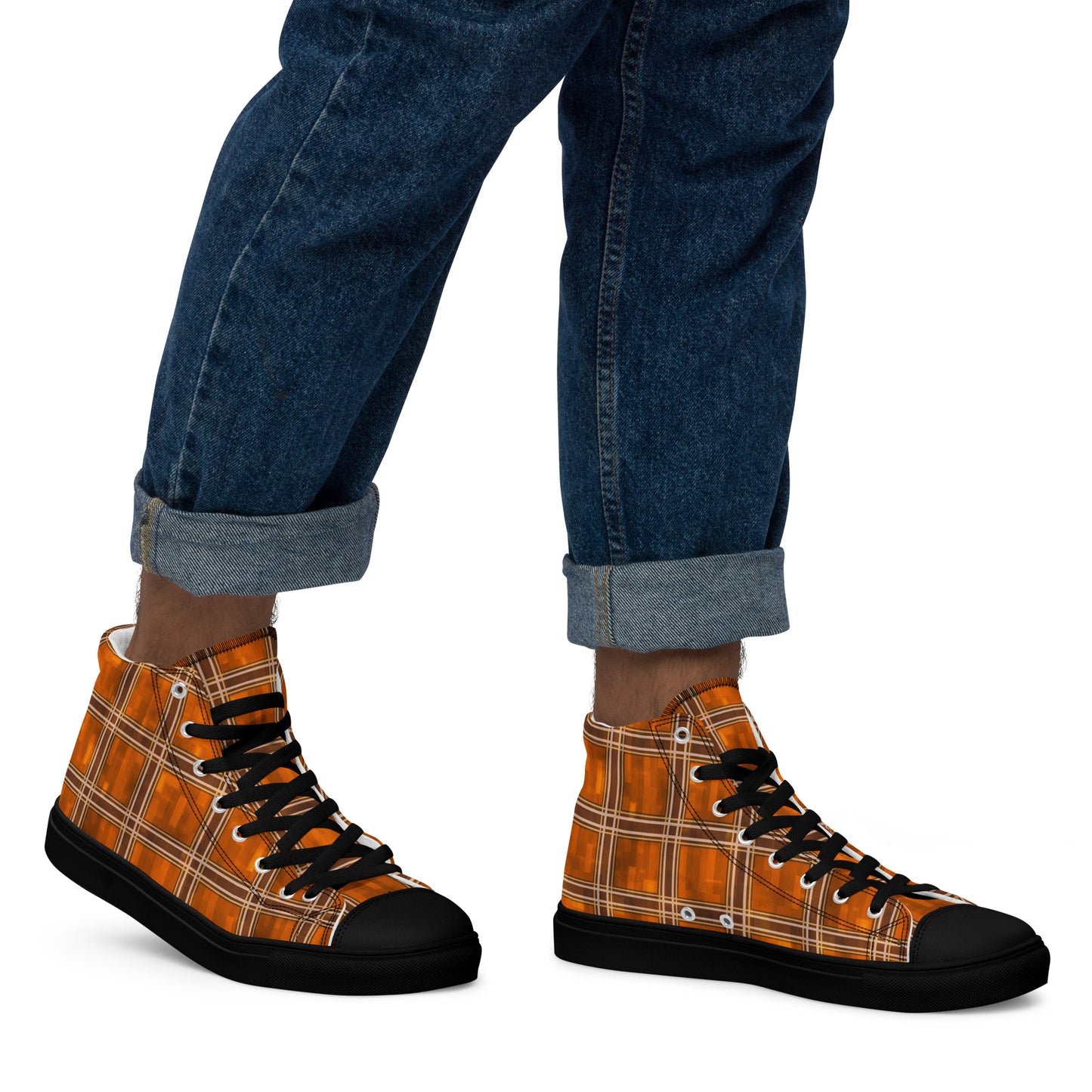 Men’s High Top Canvas Shoes Orange Plaid