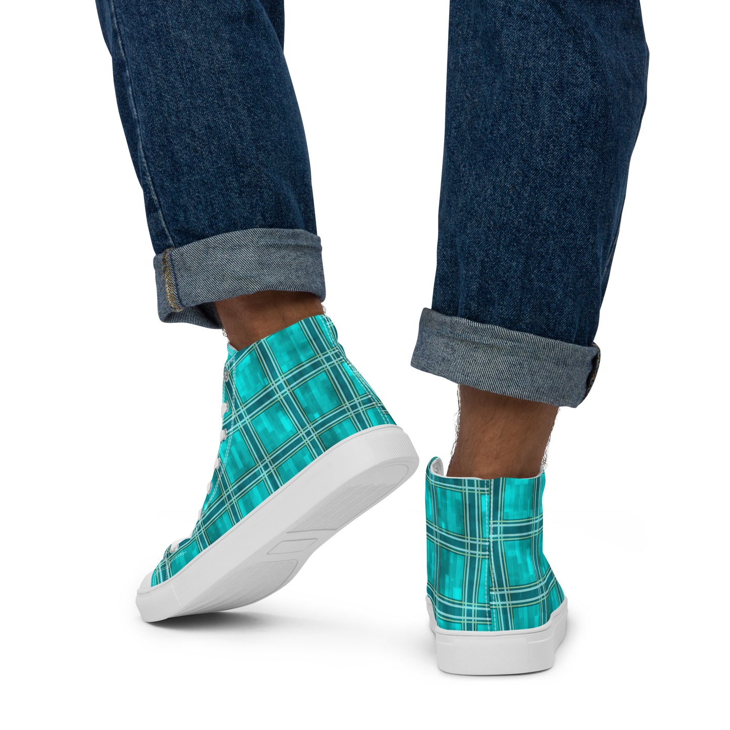 Men’s High Top Canvas Shoes Teal Plaid