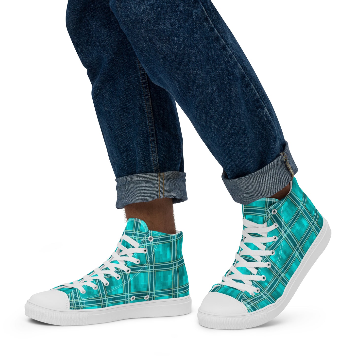 Men’s High Top Canvas Shoes Teal Plaid