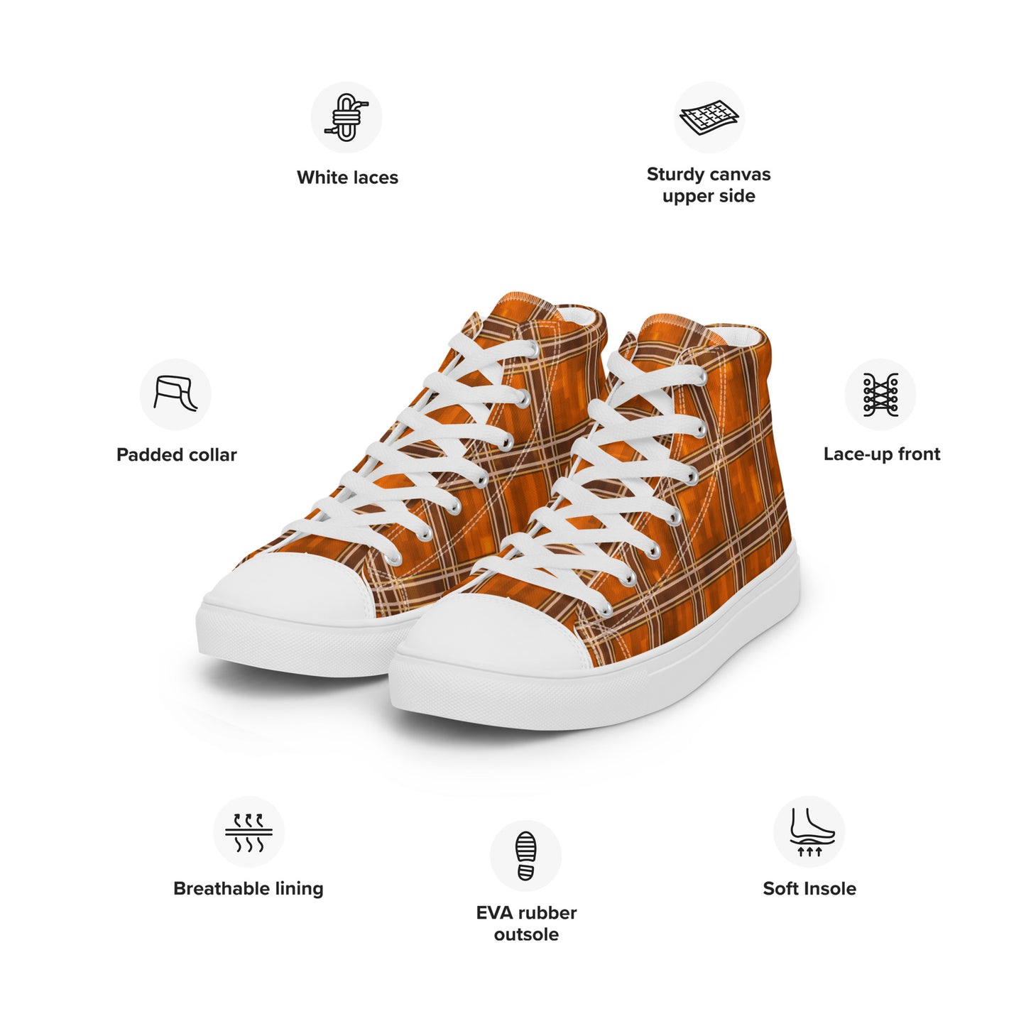 Men’s High Top Canvas Shoes Orange Plaid